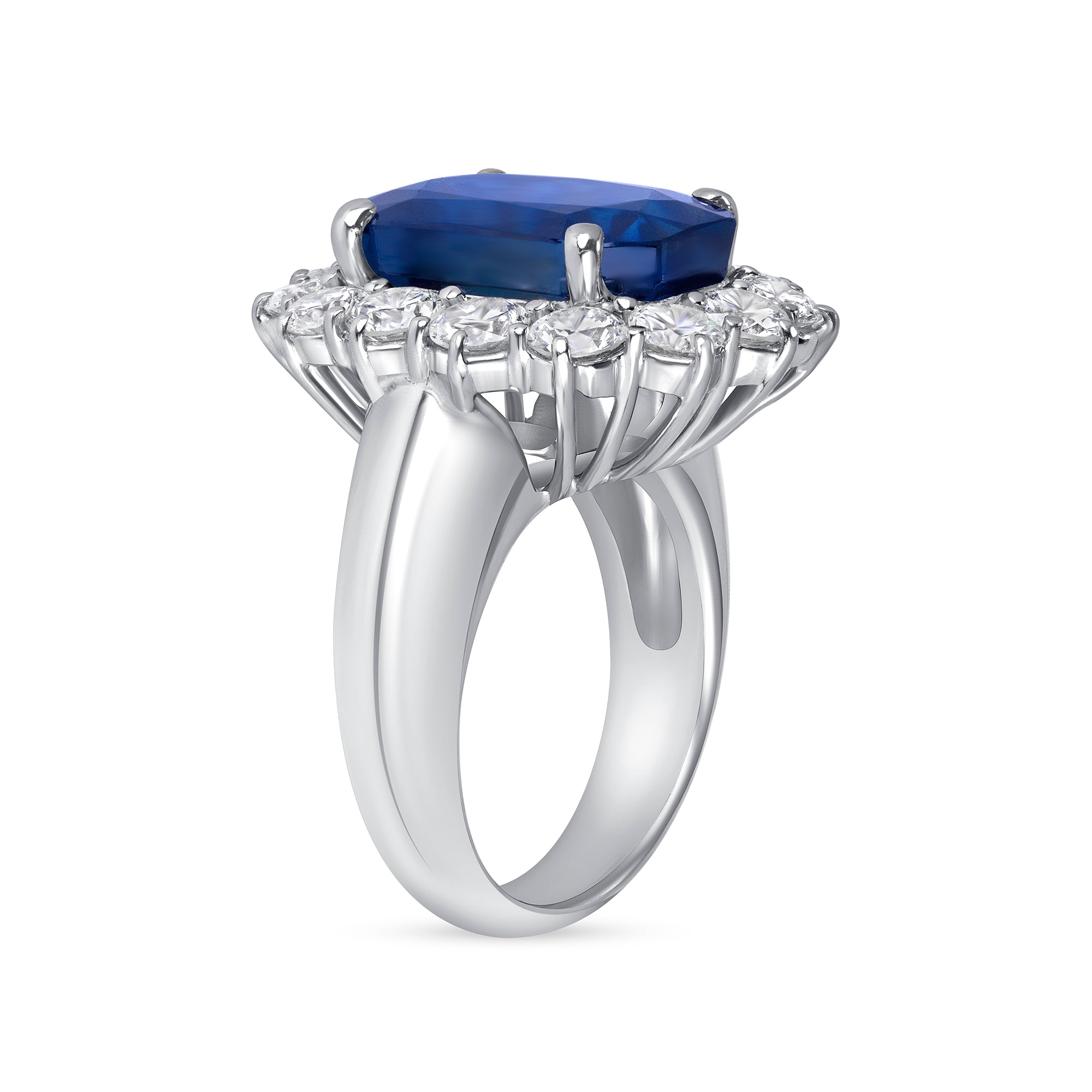 Radiant Cut Sapphire Ring with Round Cut Diamond Halo in Platinum Ruthenium