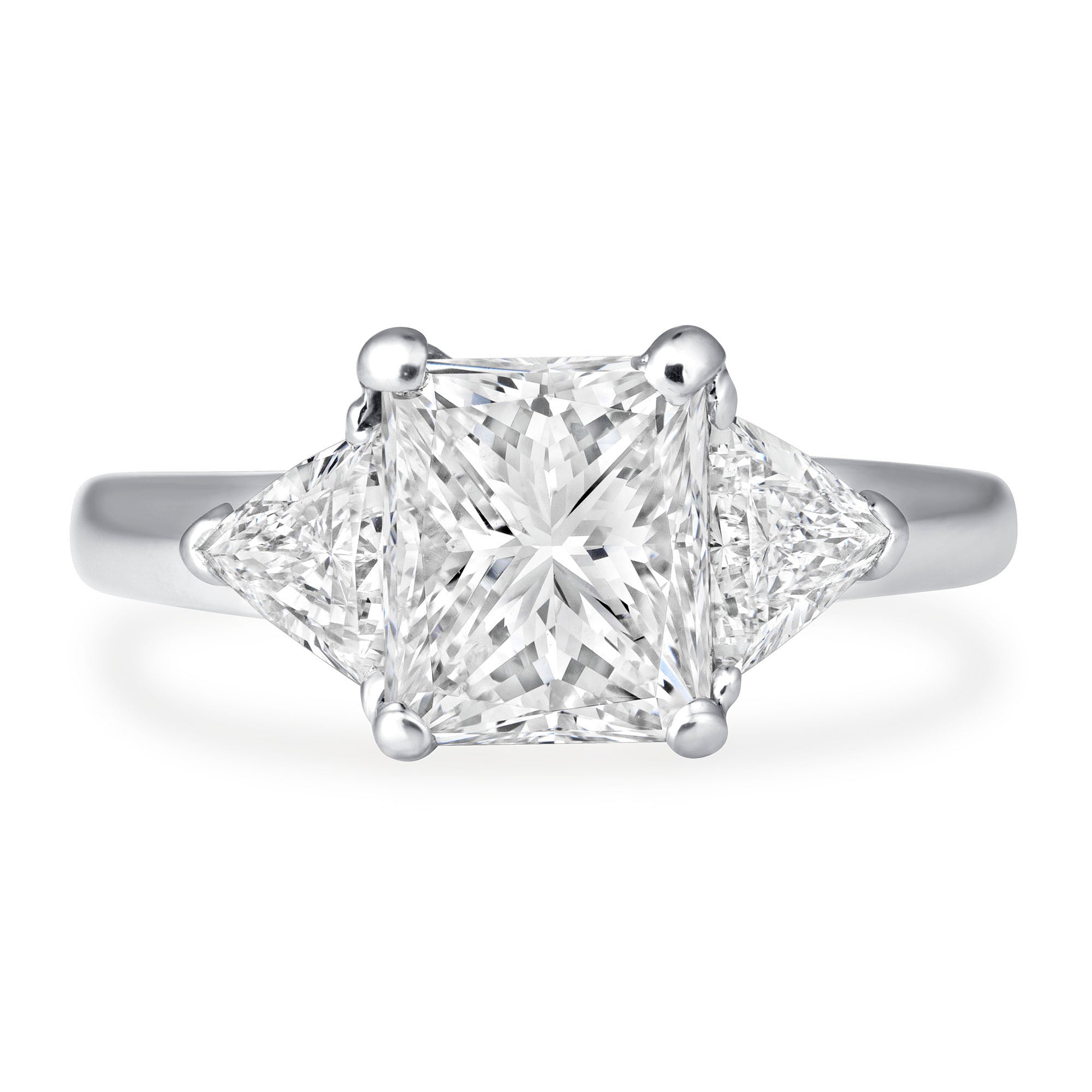 Princess Cut Diamond Three Stone Ring with Triangular Side Stones in Platinum