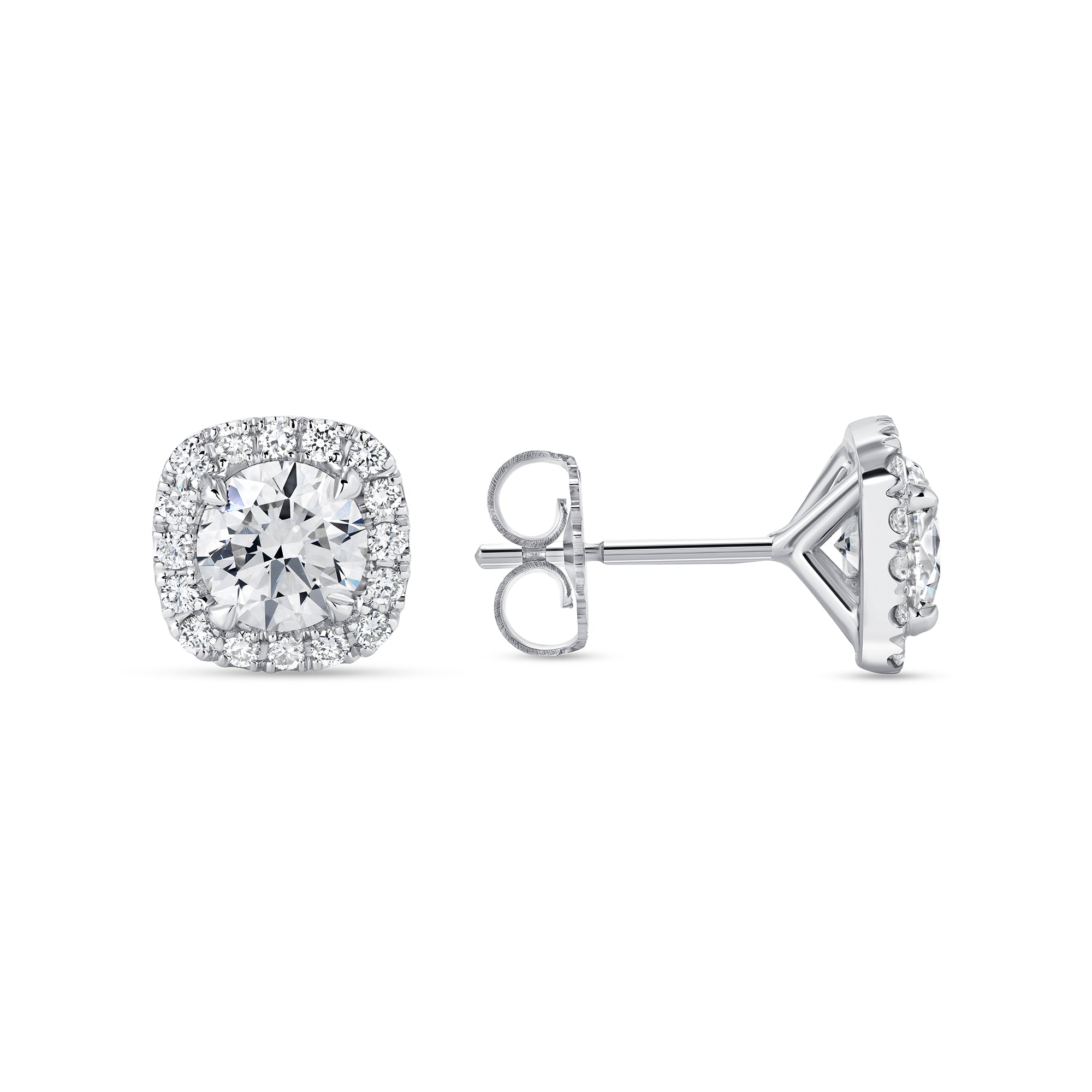 Round Brilliant Cut Diamond Halo Stud Earrings in 18K White Gold