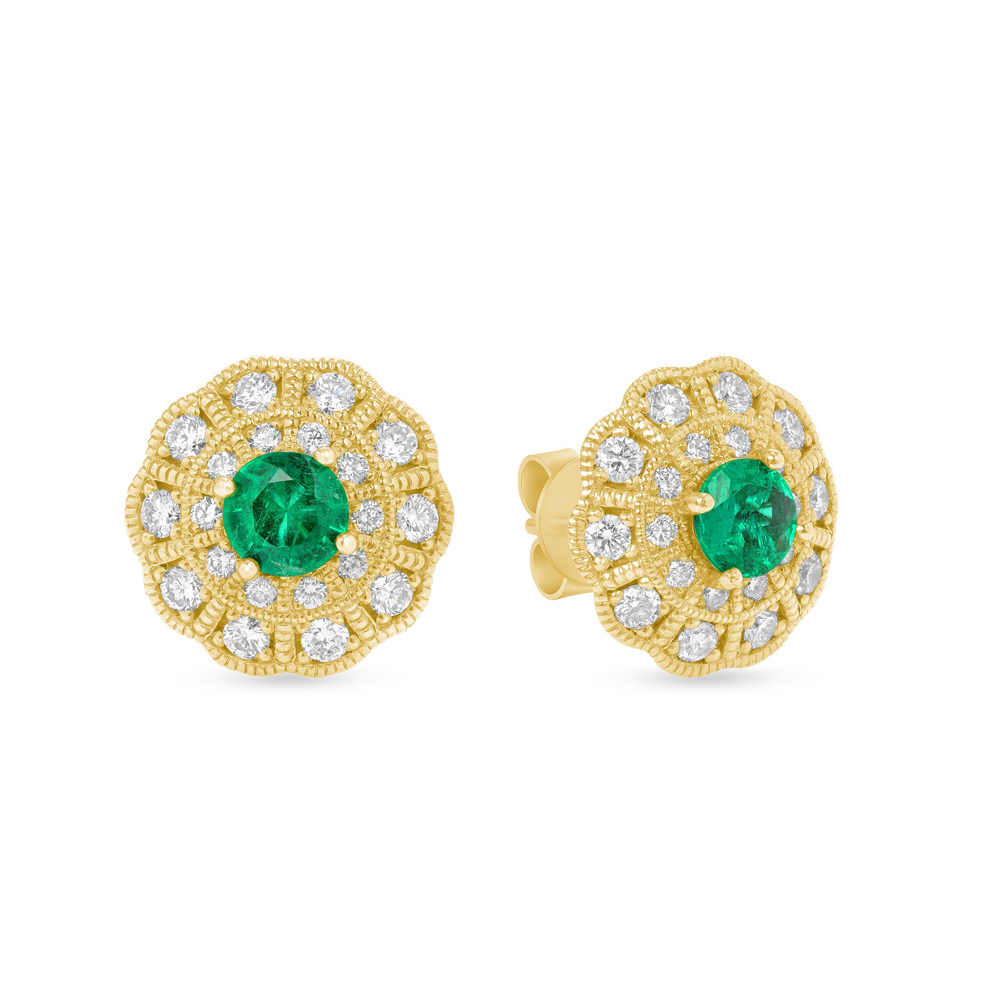Green Emerald And Diamond Halo Earrings In 18 karat Yellow gold