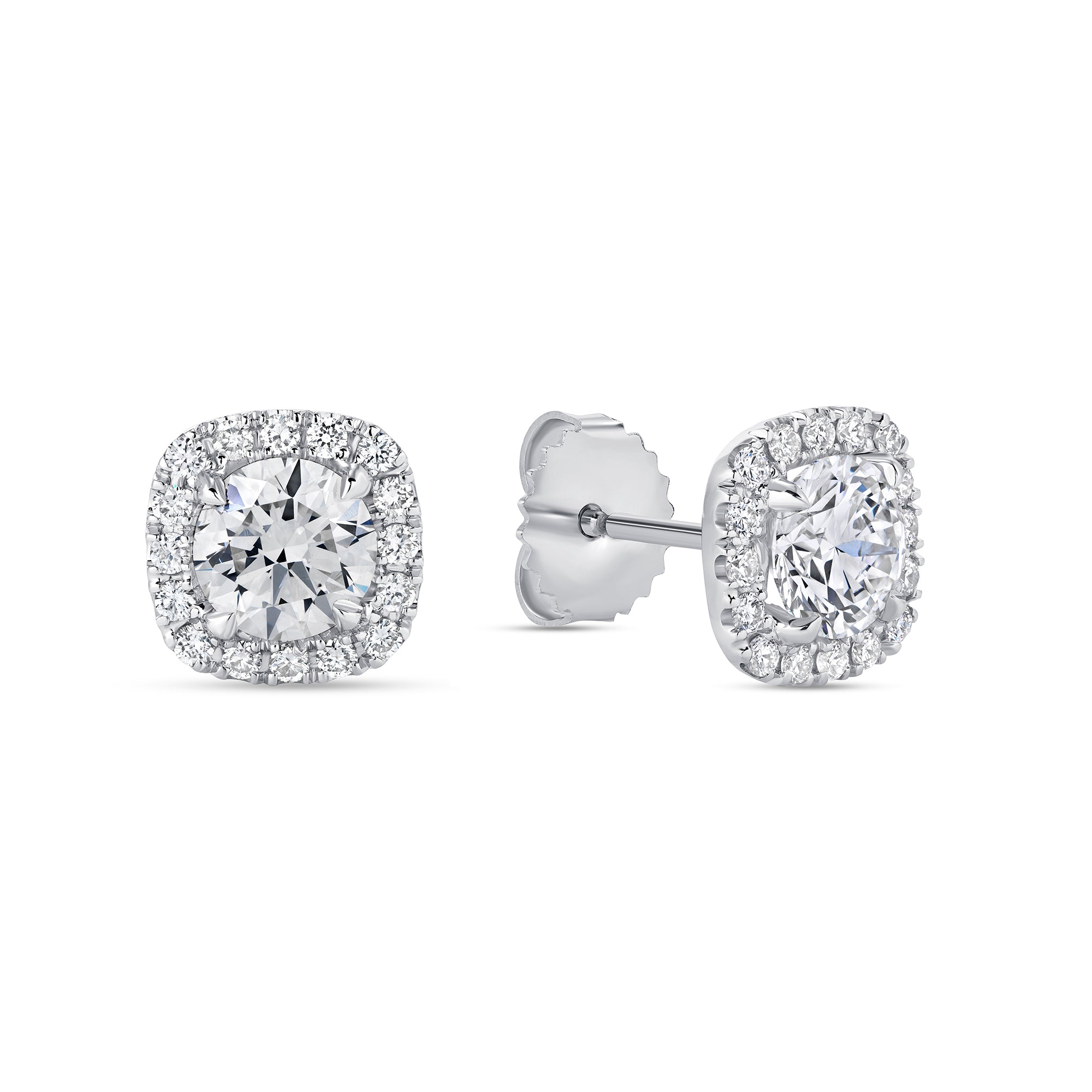Round Brilliant Cut Diamond Halo Stud Earrings in 18K White Gold