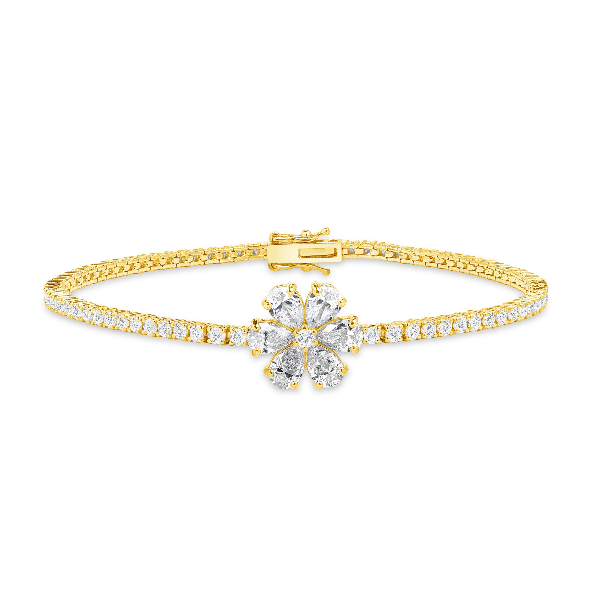 3.95ctw Mixed Cut Diamond Tennis Bracelet With Flower Accent Stone in 18K Yellow Gold