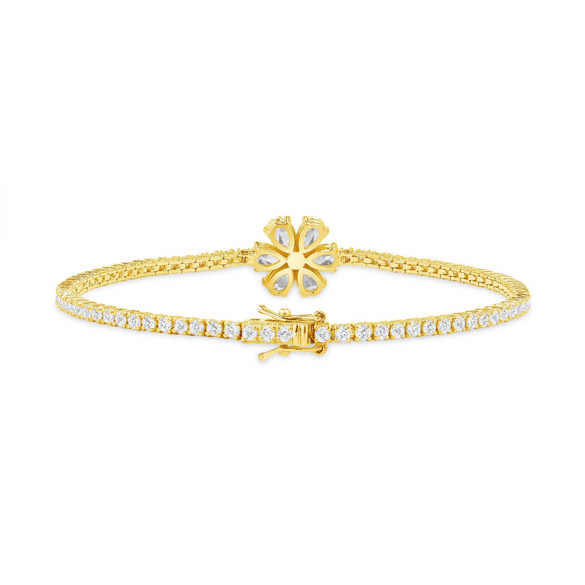 3.95ctw Mixed Cut Diamond Tennis Bracelet With Flower Accent Stone in 18K Yellow Gold