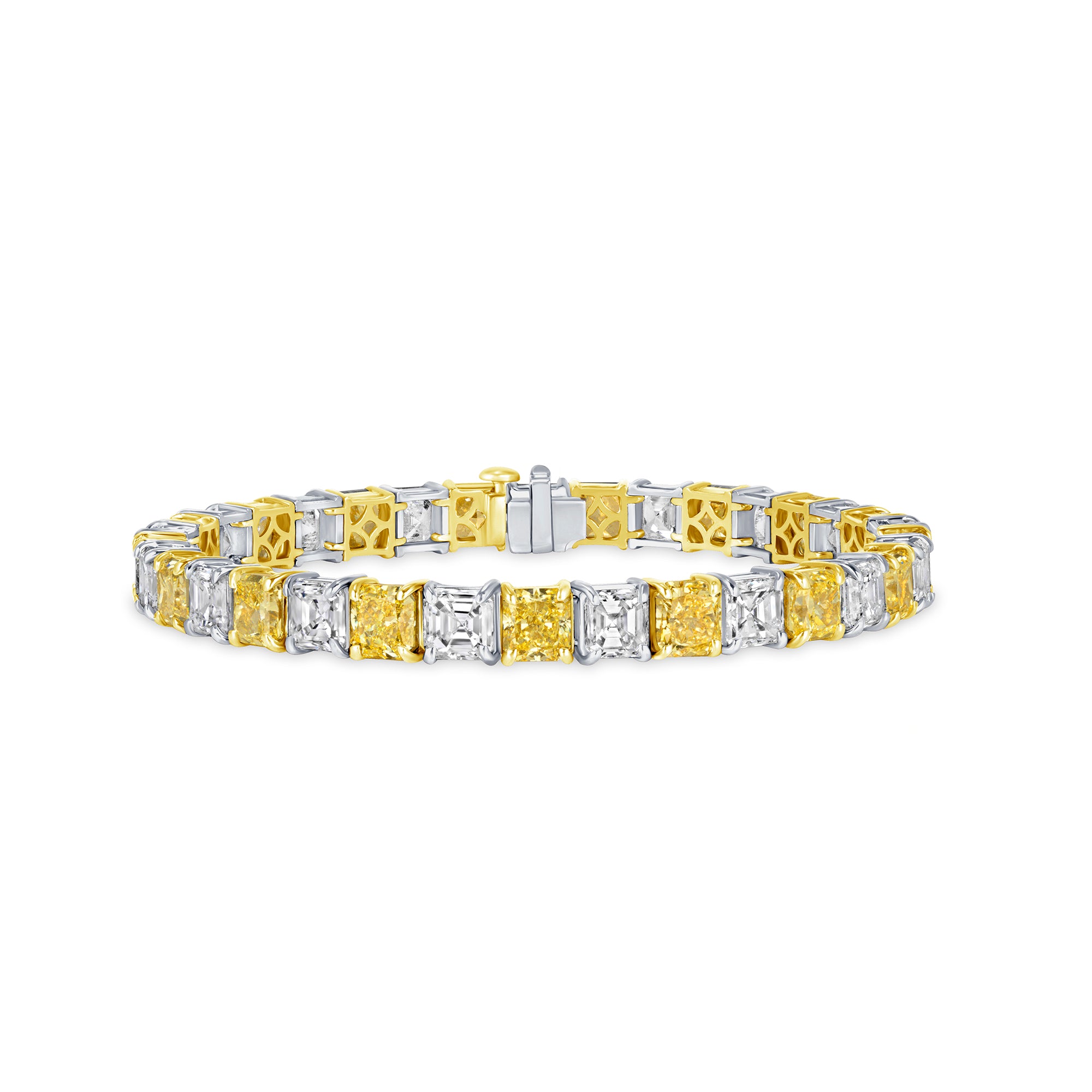 Alternating Radiant Cut Fancy Yellow and White Diamond Tennis Bracelet in 18 Karat Yellow Gold and Platinum