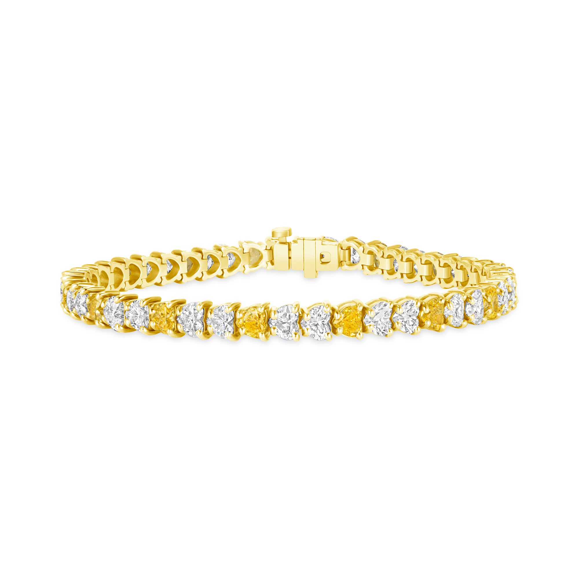 Heart Shape Alternating Fancy Yellow and White Diamond Tennis Bracelet in 18 Karat Yellow Gold