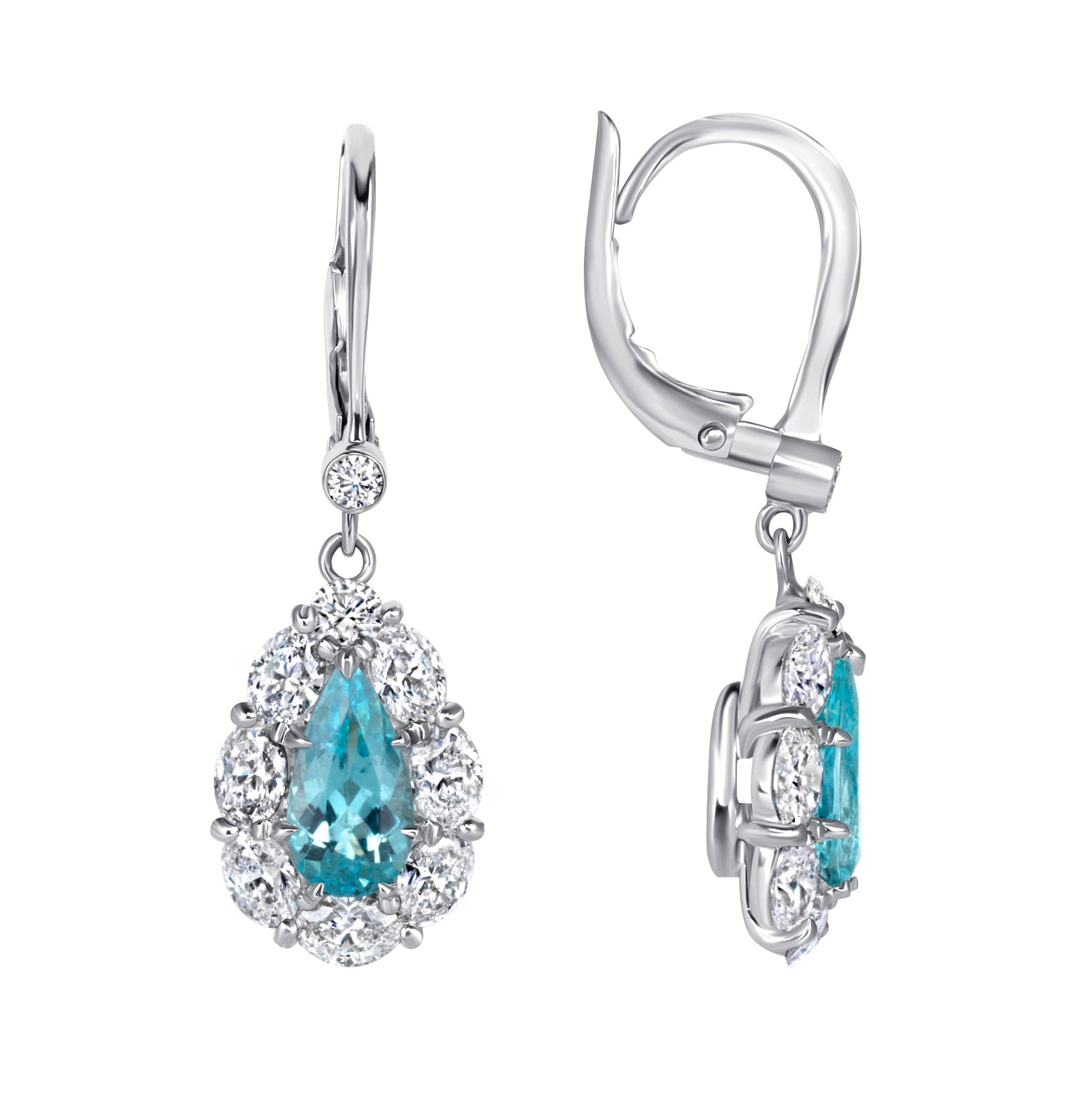 Pear Cut Paraiba Tourmaline and Diamond Halo Drop Earrings in 18K White Gold