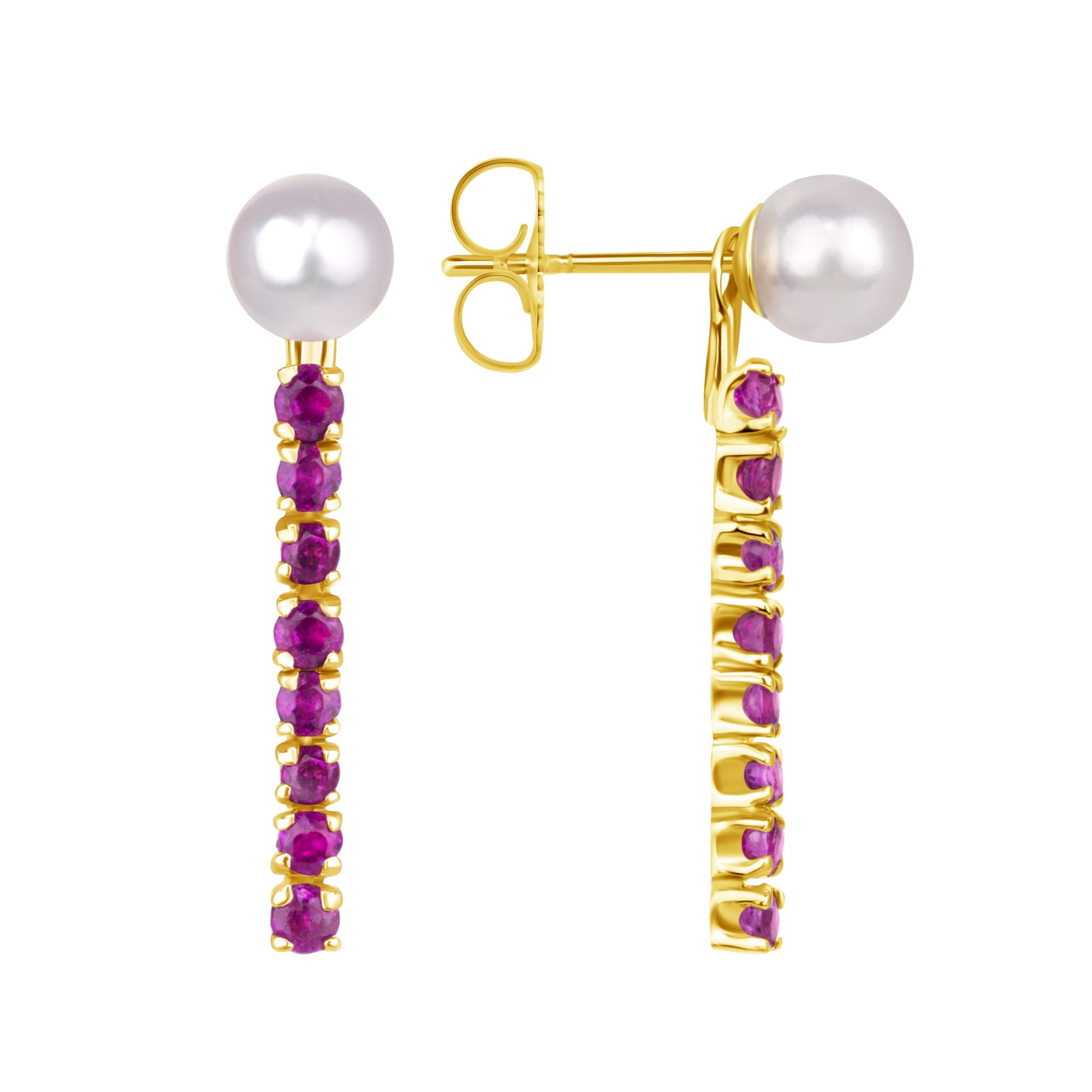 Pearl and Ruby Drop Earrings in 18K Yellow Gold
