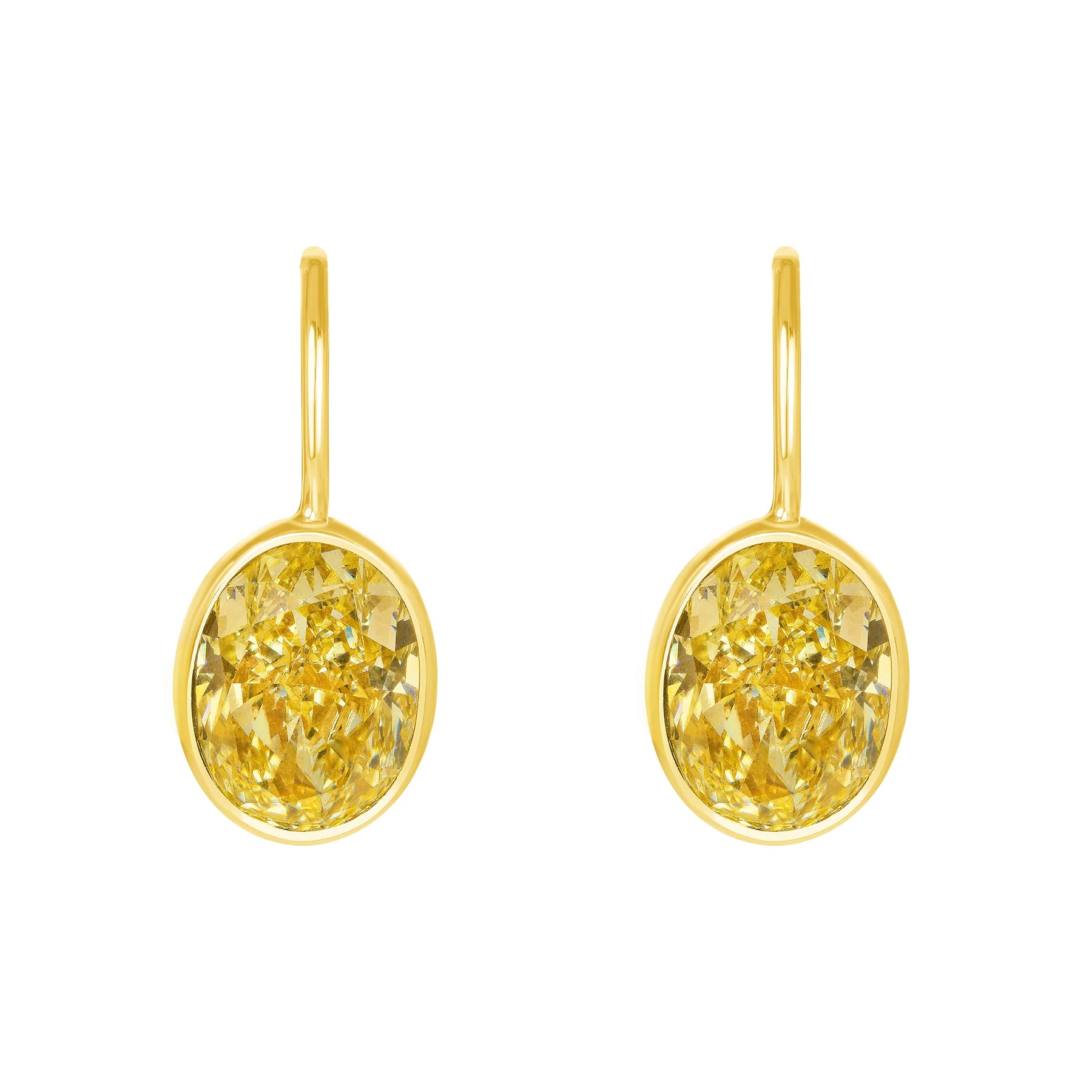 Oval Cut Bezel Set Fancy Yellow Diamond Dangle Earrings in 18 Karat Yellow Gold