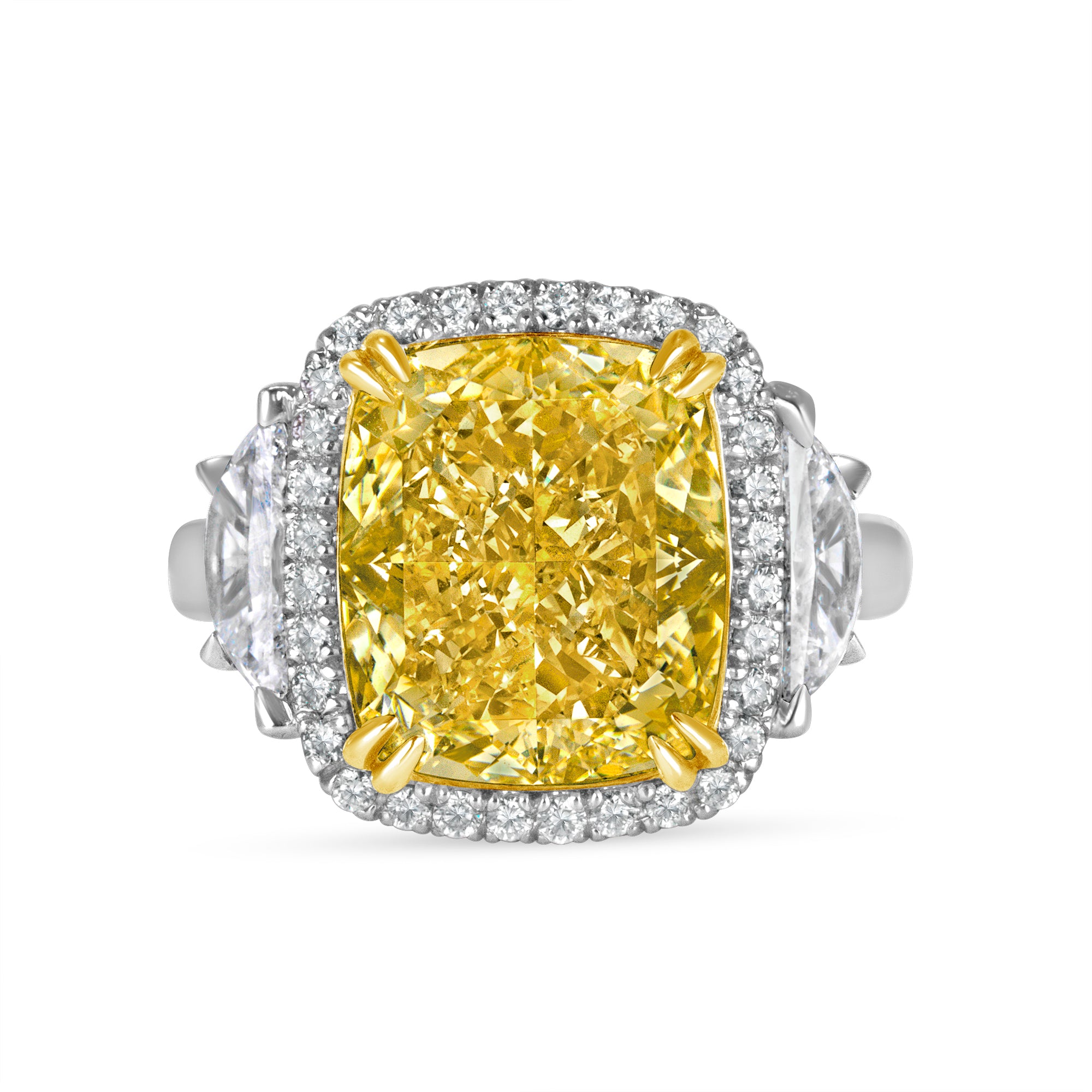 Cushion Cut Fancy Intense Yellow Diamond and Pavé Diamond Ring in 18 Karat Yellow Gold and Platinum