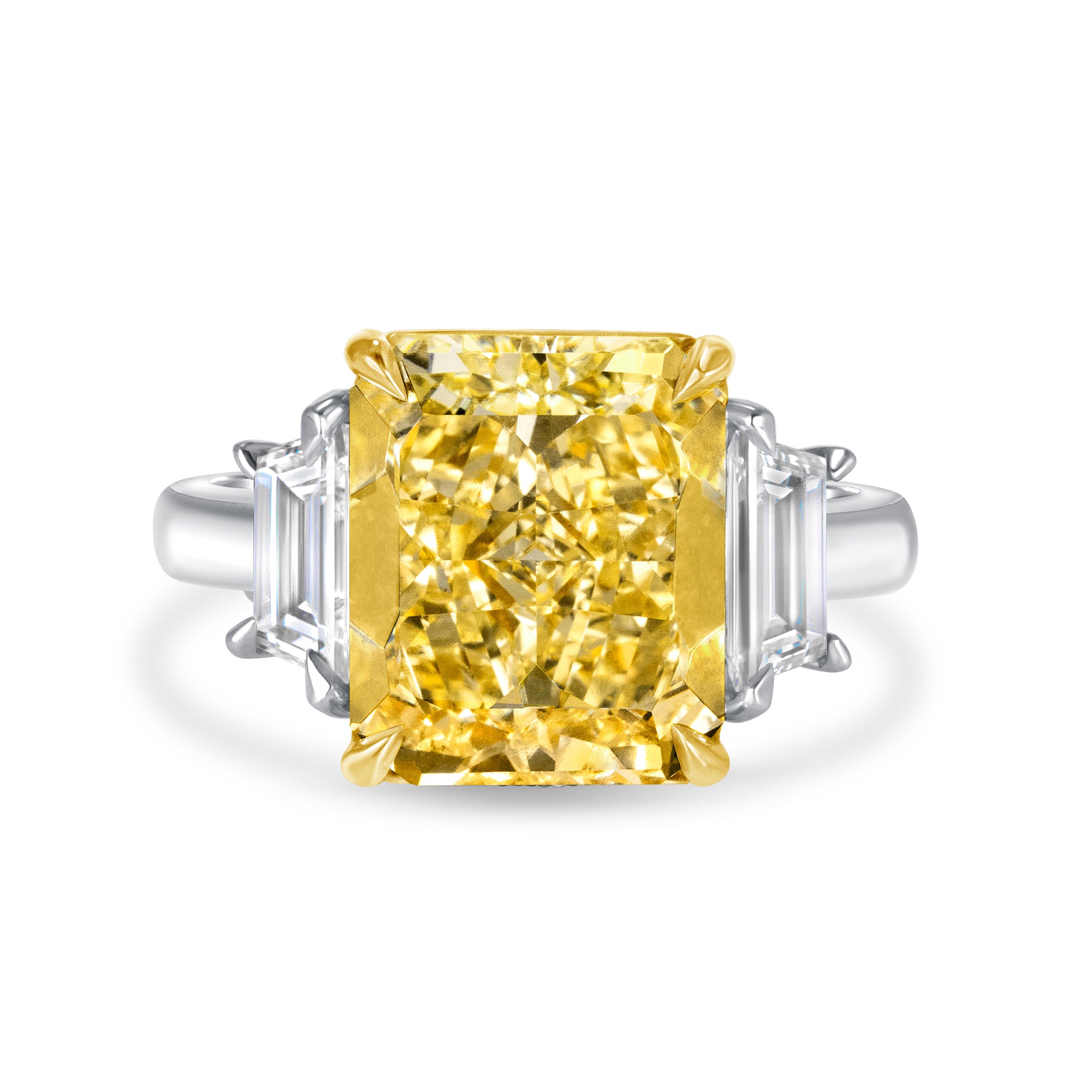 Radiant Cut Fancy Intense Yellow Diamond and Trapezoid Diamond Side Stones Ring in 18 Karat Yellow Gold and Platinum