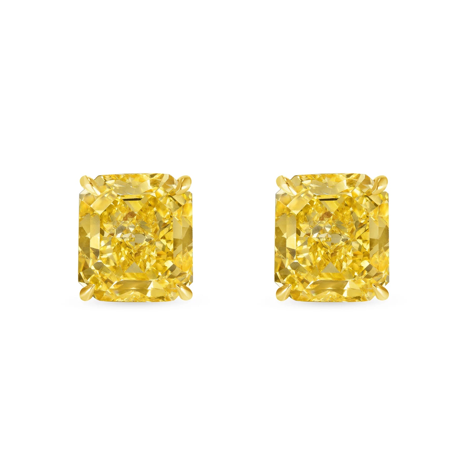 Radiant Cut Fancy Intense Yellow Diamond Stud Earrings in 18 Karat Yellow Gold