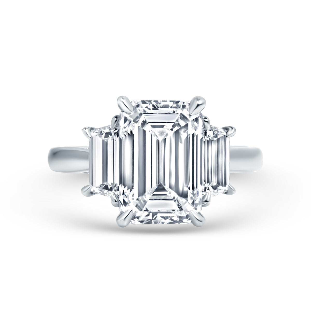 4.01ct Emerald Cut Diamond Three Stone Ring with Trapezoid Side Stones in Platinum Band, GIA Certified