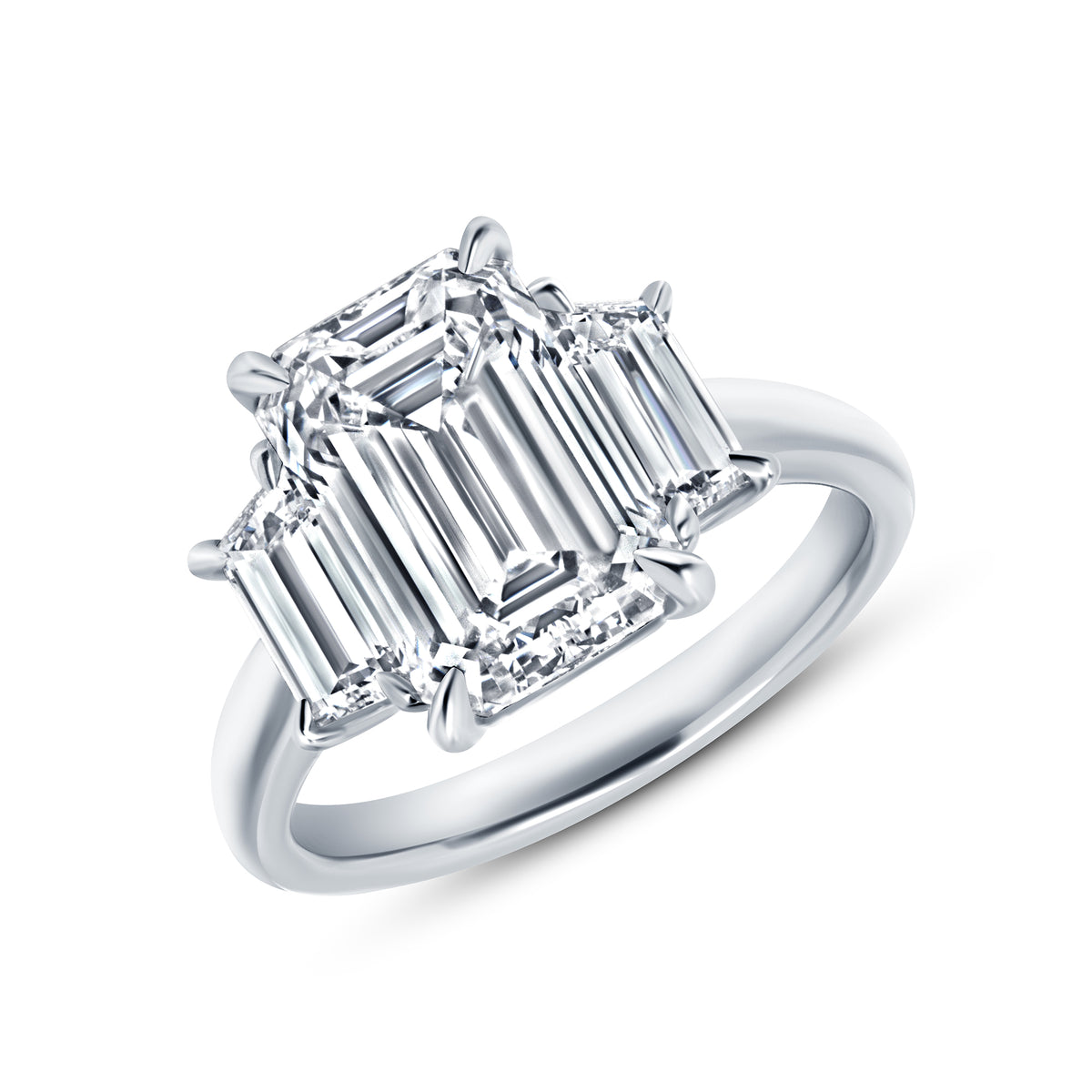 4.01ct Emerald Cut Diamond Three Stone Ring with Trapezoid Side Stones in Platinum Band, GIA Certified