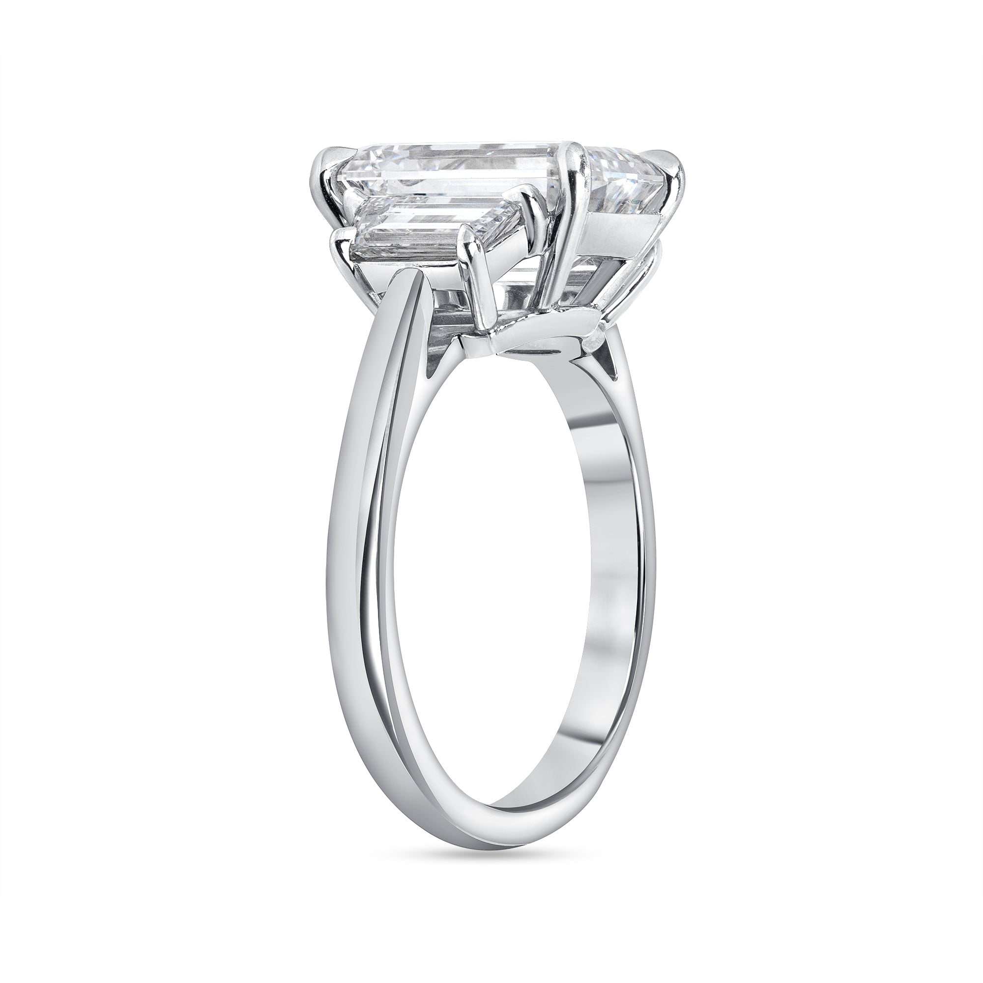 4.01ct Emerald Cut Diamond Three Stone Ring with Trapezoid Side Stones in Platinum Band, GIA Certified