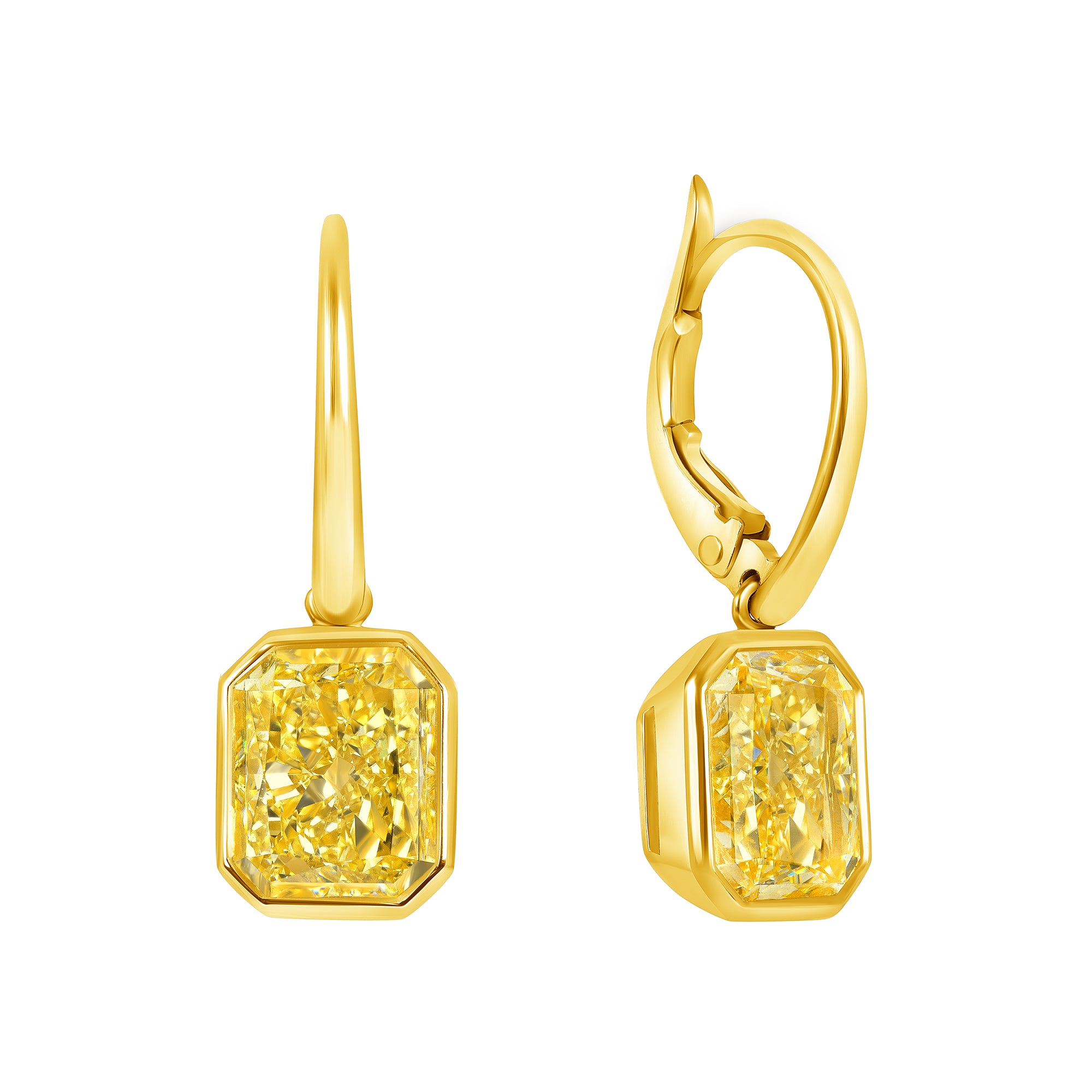 Radiant Cut Bezel Set Fancy Yellow Diamond Dangle Earring in 18 Karat Yellow Gold