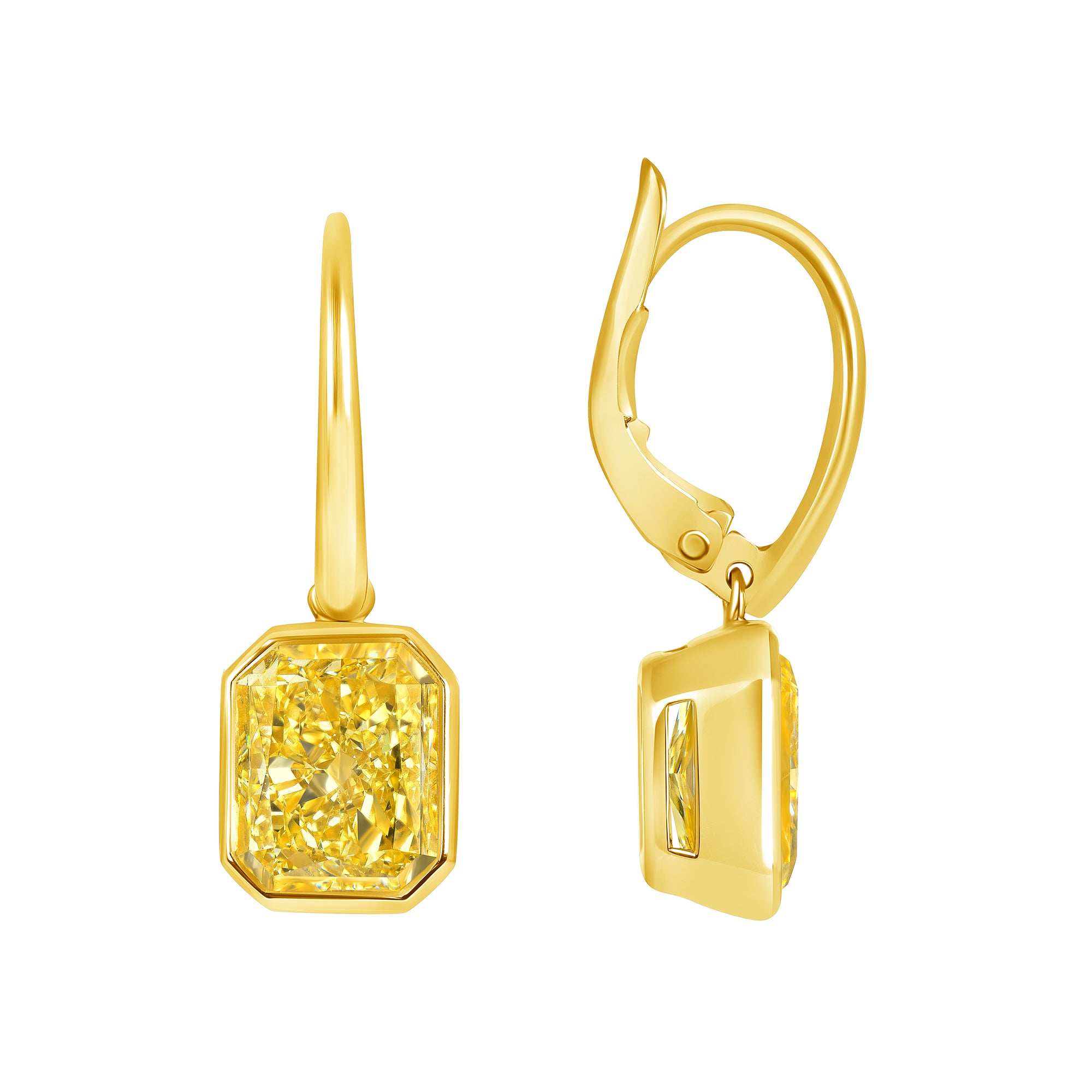 Radiant Cut Bezel Set Fancy Yellow Diamond Dangle Earring in 18 Karat Yellow Gold