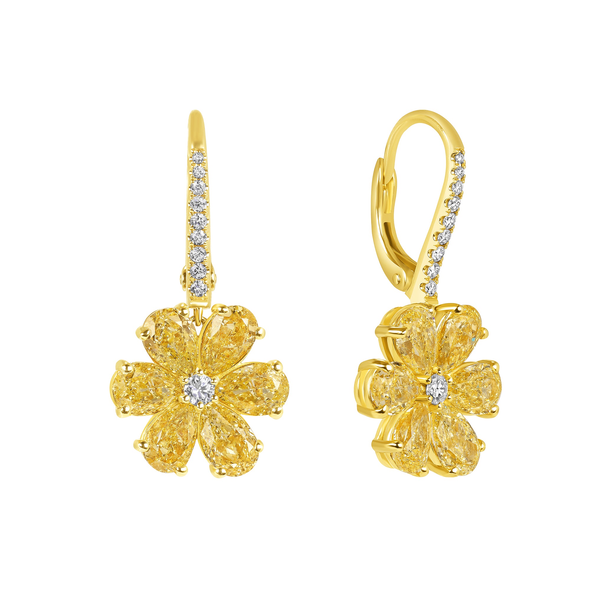 Pear Shape Fancy Yellow Diamond Flower Dangle Earrings in 18 Karat Yellow Gold