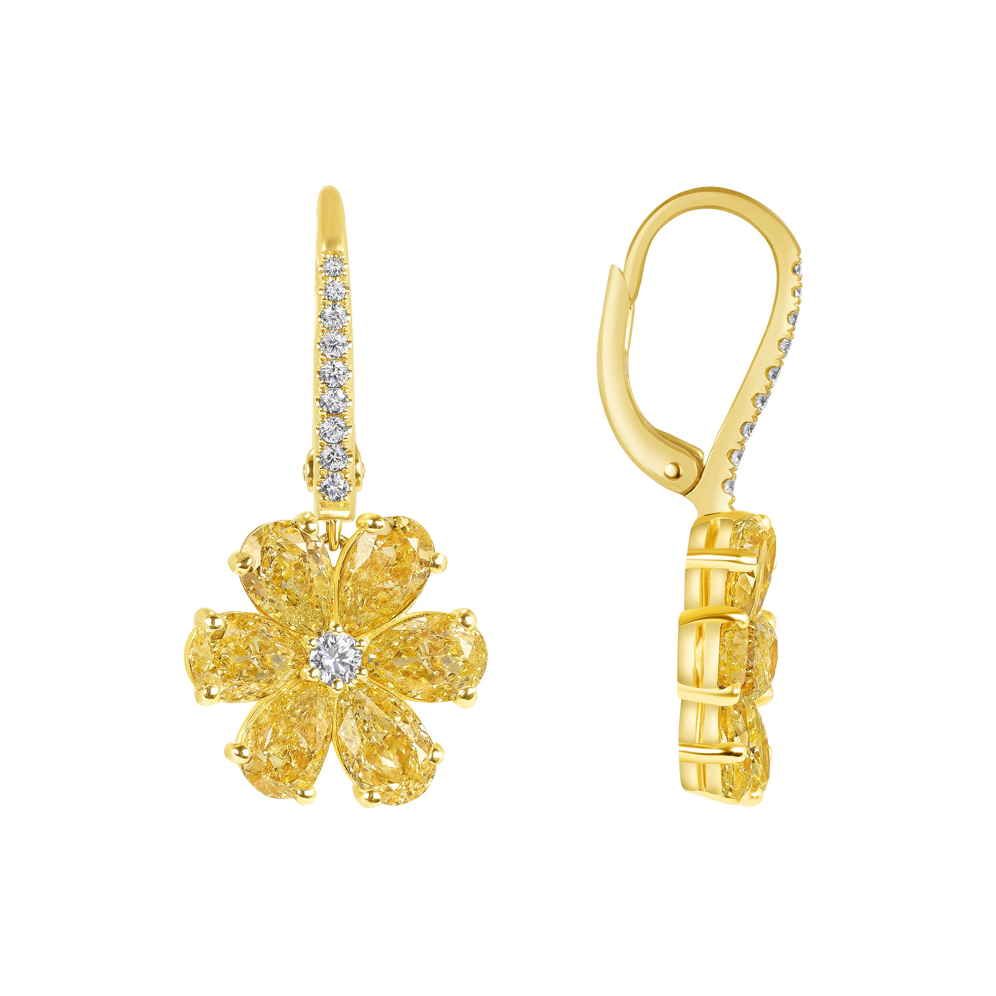 Pear Shape Fancy Yellow Diamond Flower Dangle Earrings in 18 Karat Yellow Gold