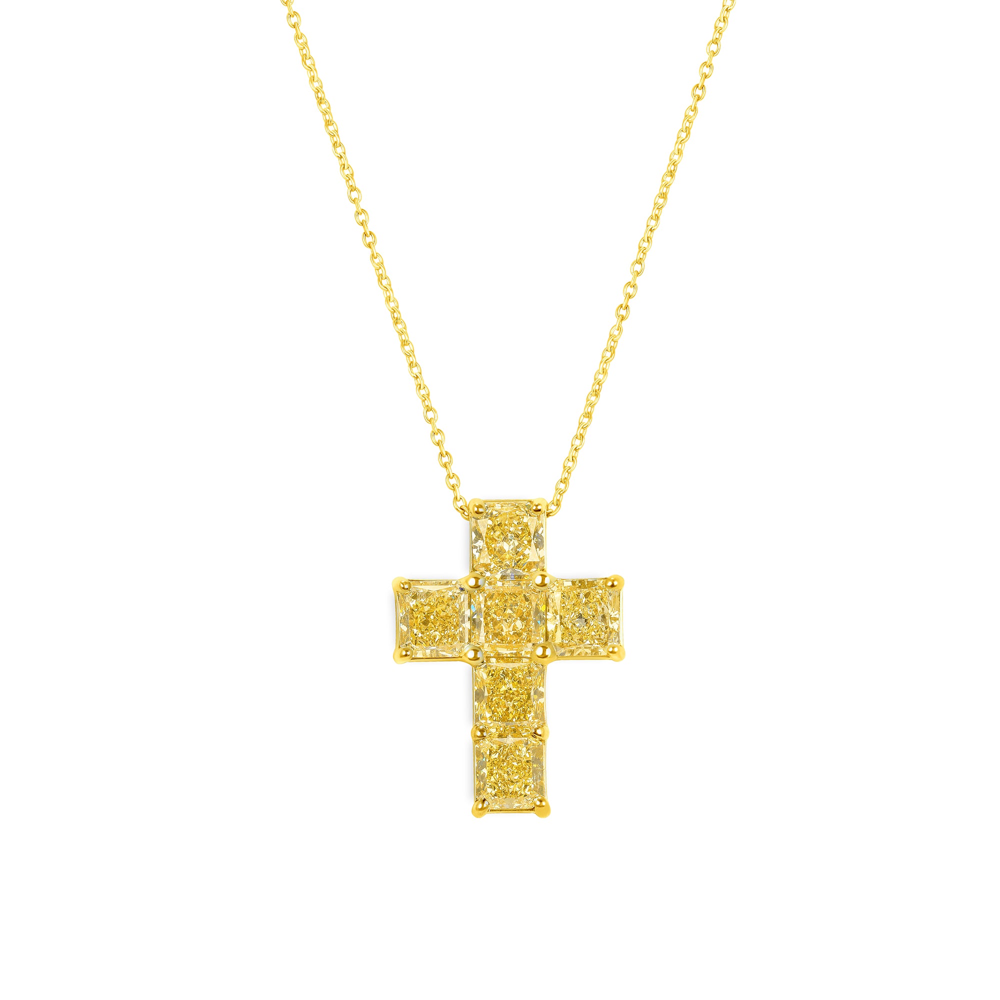Cushion Cut Fancy Yellow Diamond Cross Necklace in 18 Karat Yellow Gold