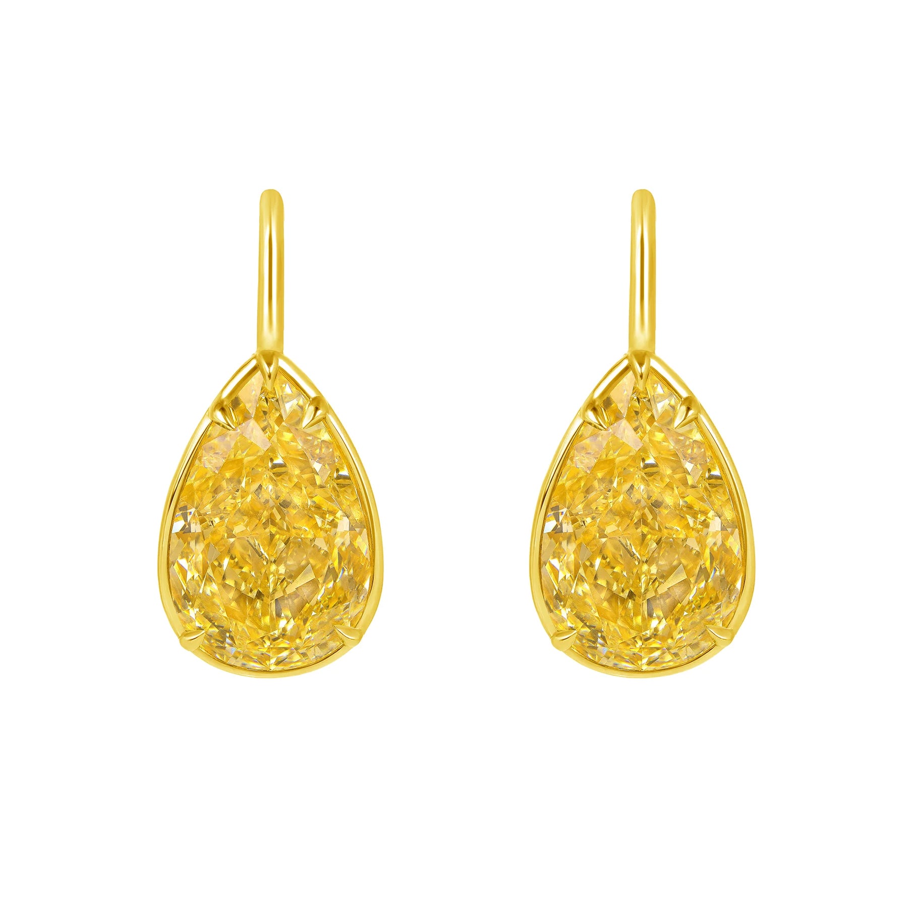 Pear Shape Bezel Set Fancy Yellow Diamond Dangle Earrings in 18 Karat Yellow Gold