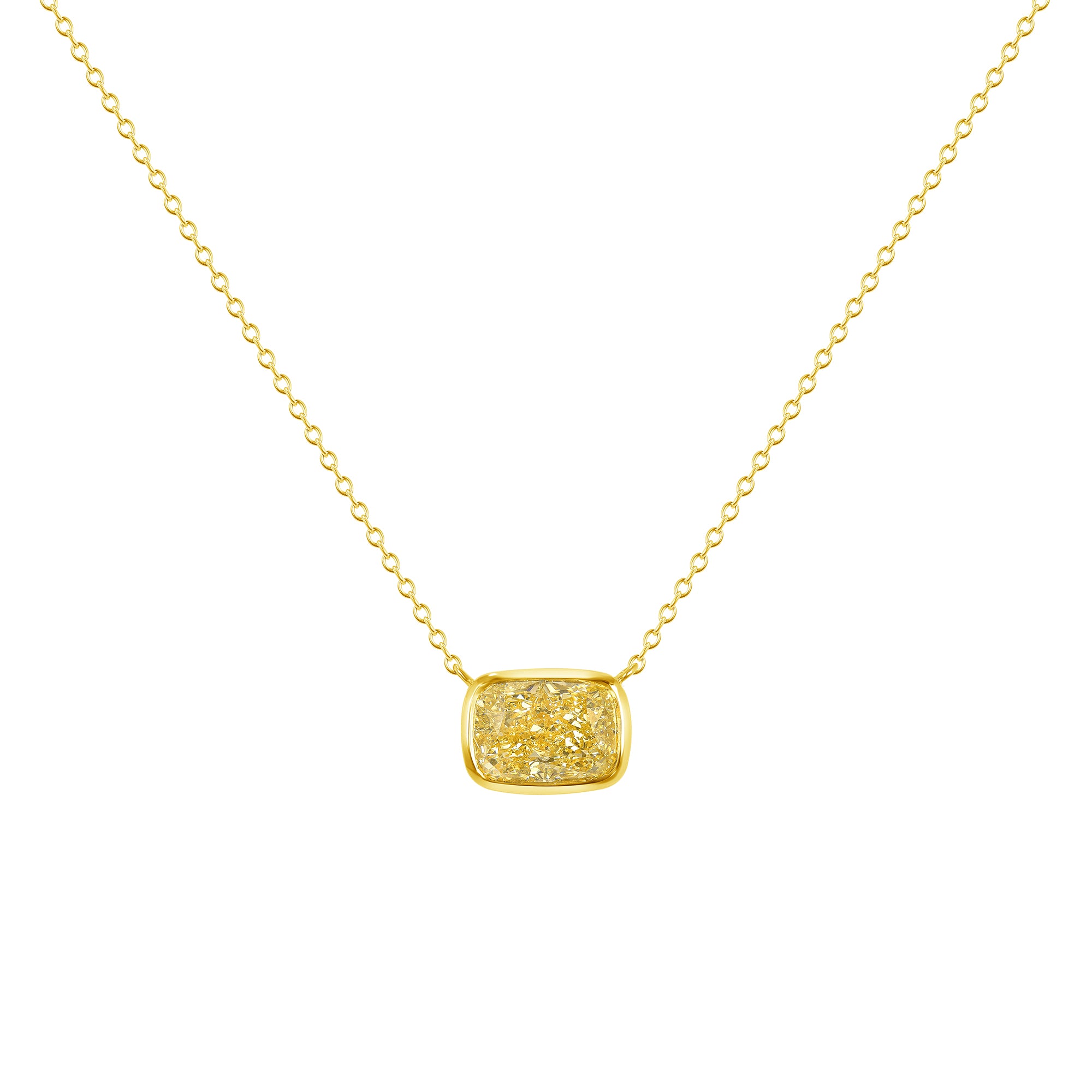 Cushion Cut Fancy Light Yellow Diamond Necklace in 18 Karat Yellow Gold