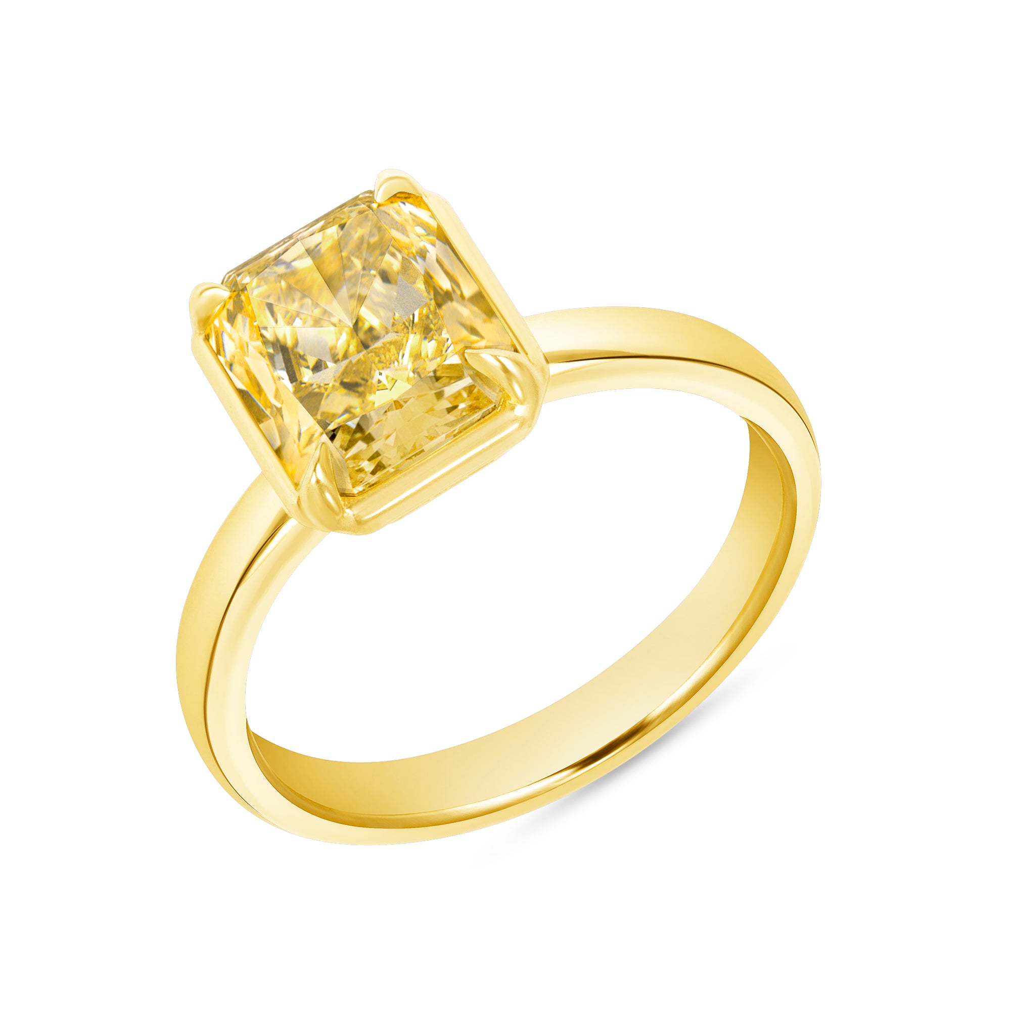 Radiant Cut Fancy Yellow Diamond Solitaire Ring in 18 Karat Yellow Gold