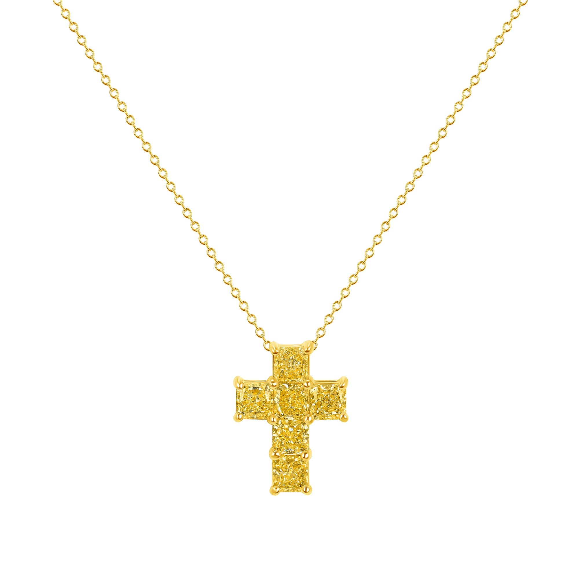 Radiant Cut Fancy Yellow Diamond Cross Necklace in 18 Karat Yellow Gold