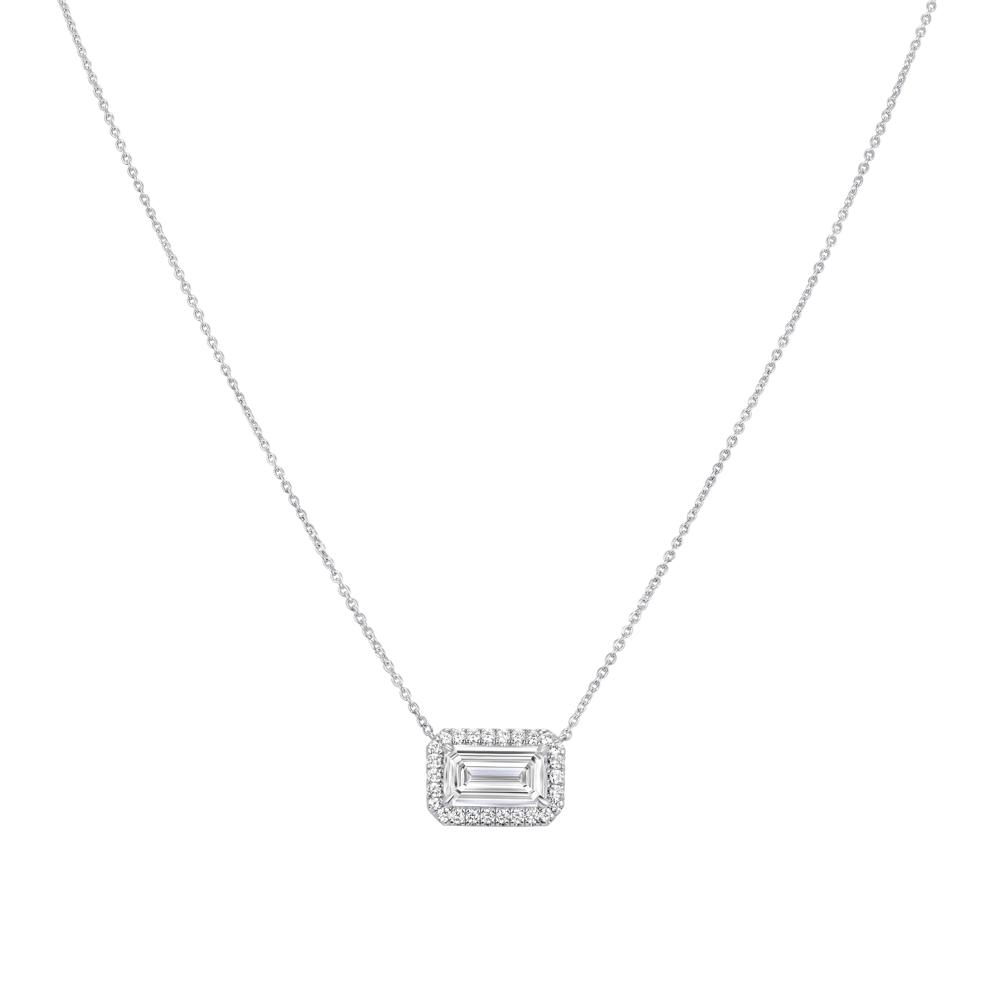 Emerald Cut Diamond Halo Pendant Necklace in 18K White Gold