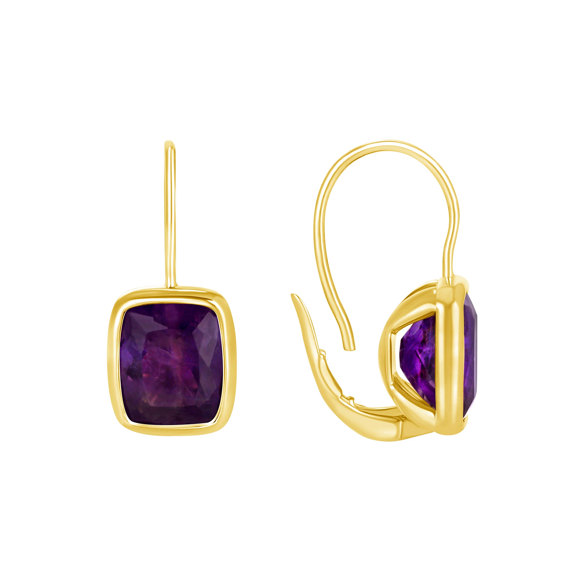 Cushion-Cut Purple Sapphire Drop Earrings in 18K Yellow Gold