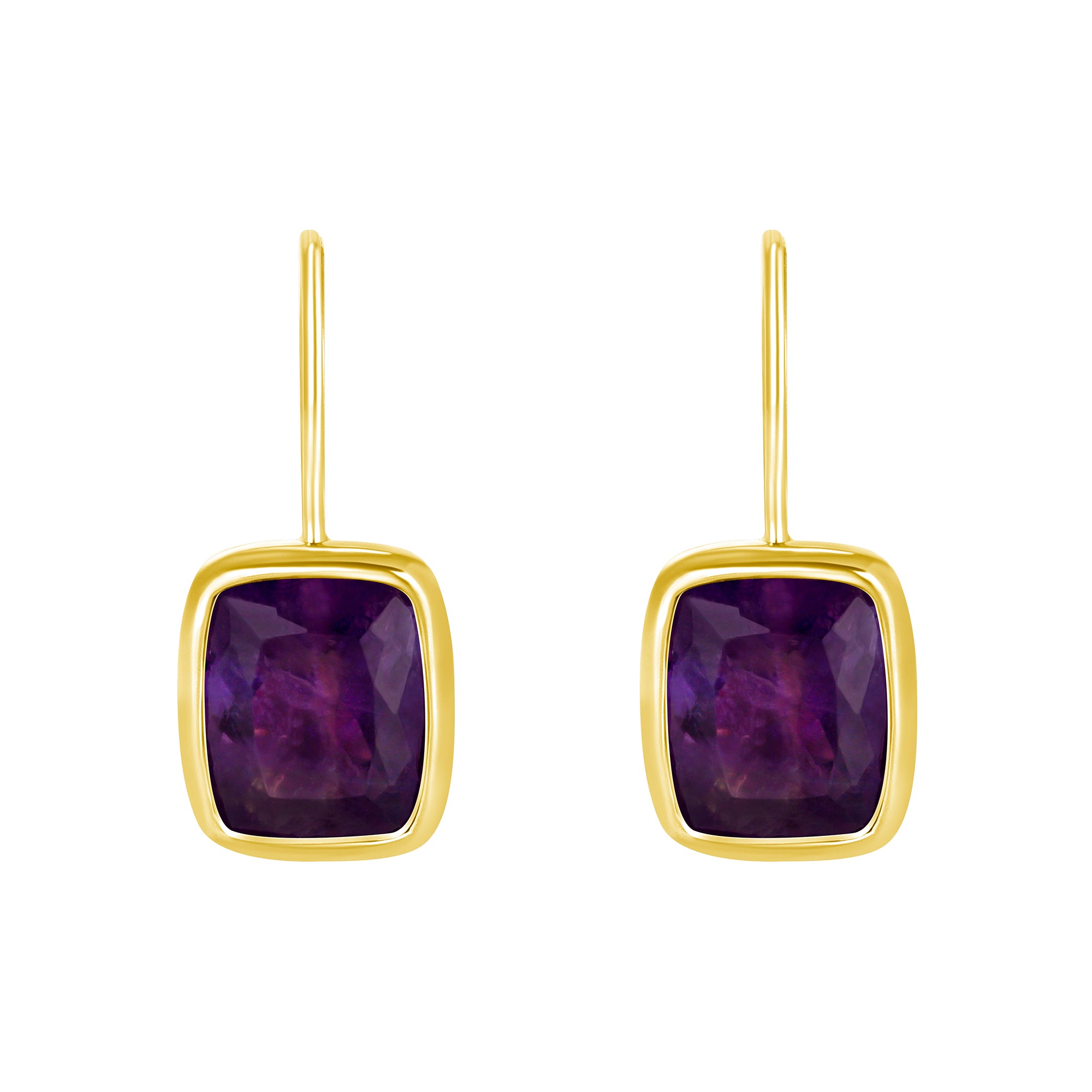 Cushion-Cut Purple Sapphire Drop Earrings in 18K Yellow Gold