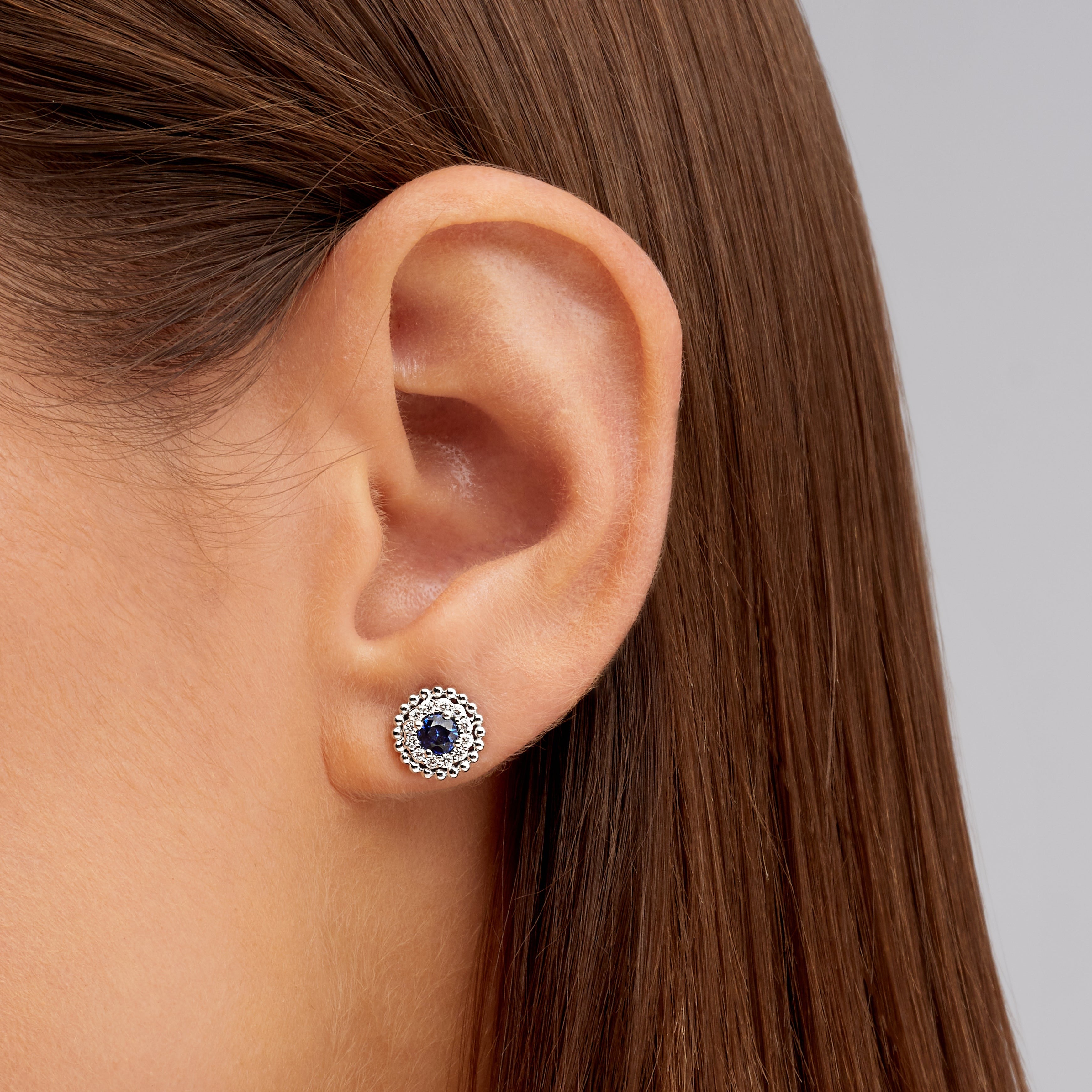 Sapphire Centered and Diamond Stud Earrings in 18K White Gold