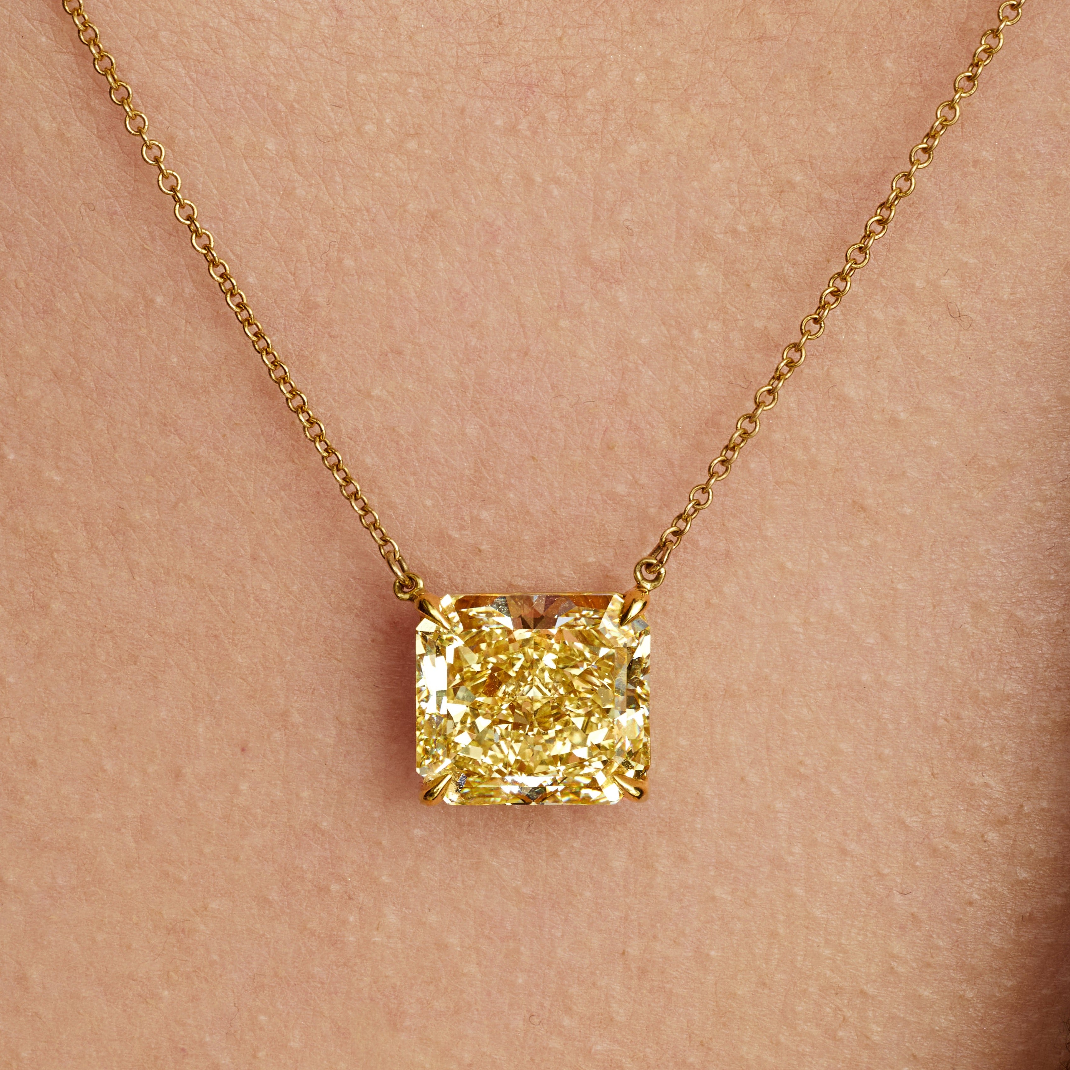 Radiant Cut Fancy Yellow Diamond Necklace in 18 Karat Yellow Gold