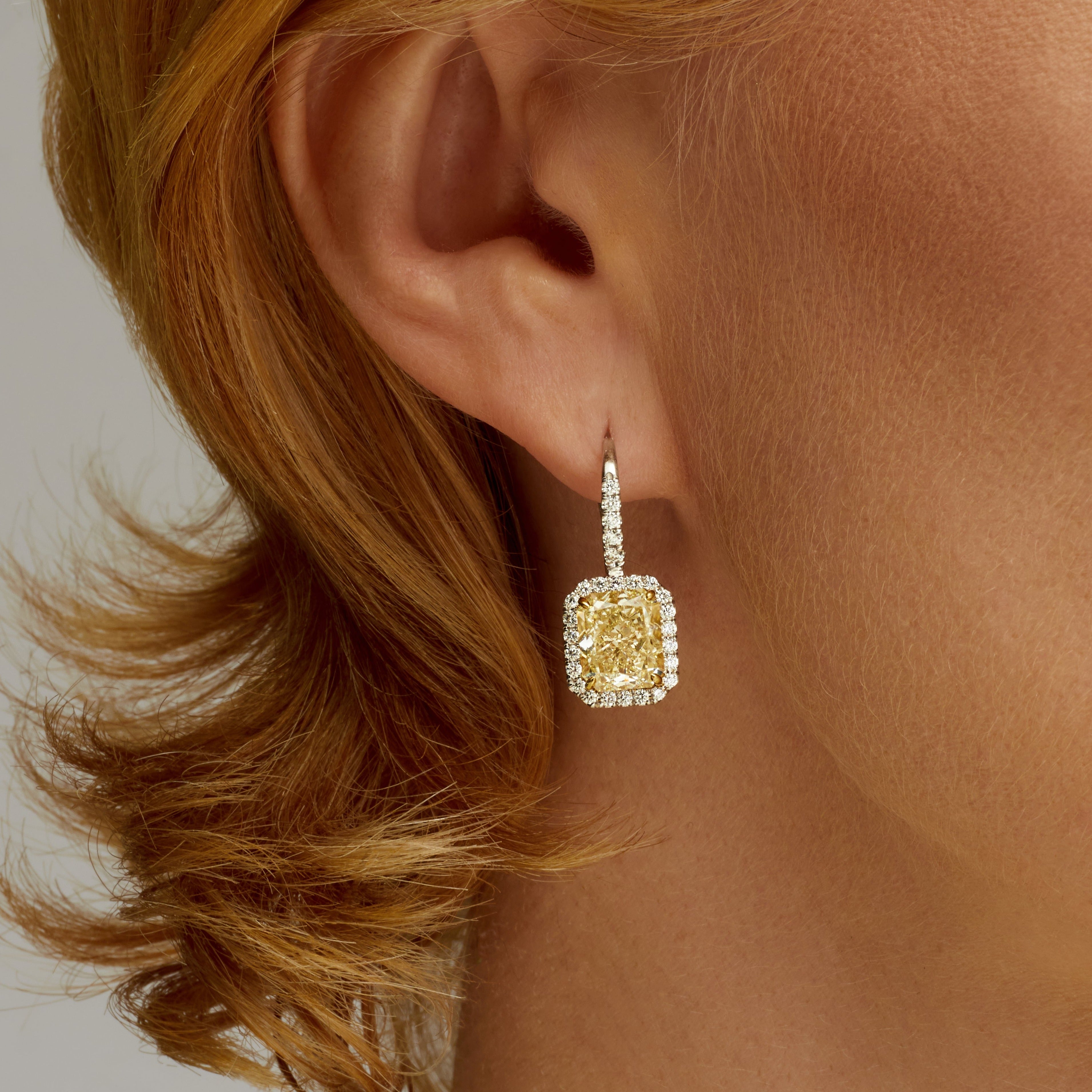 Radiant Cut Fancy Light Yellow Diamond Pavé Halo Dangle Earrings in 18 Karat Yellow Gold