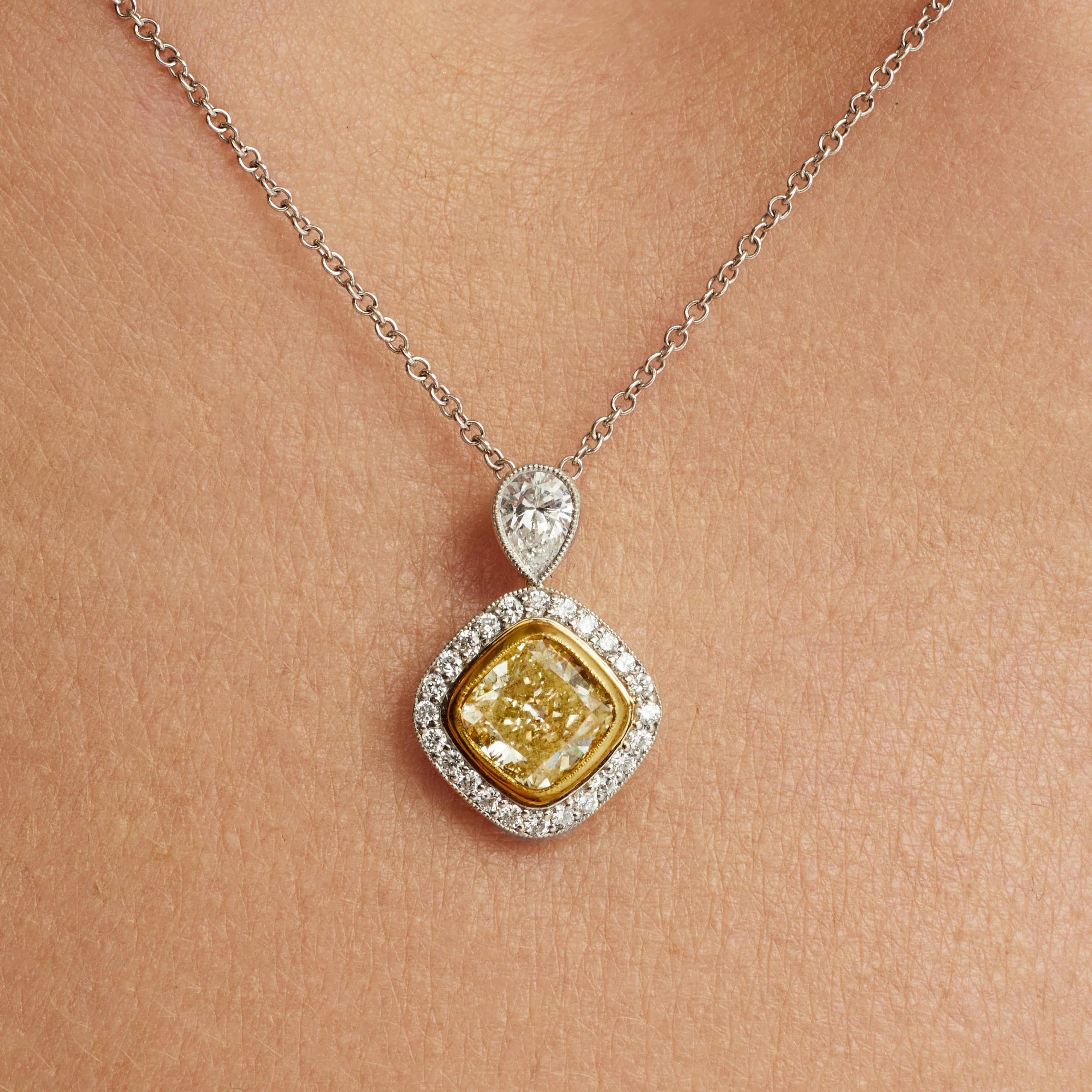 Cushion Cut Fancy Light Yellow Diamond Pavé Halo Pendant Necklace in 18 Karat Yellow Gold and Platinum