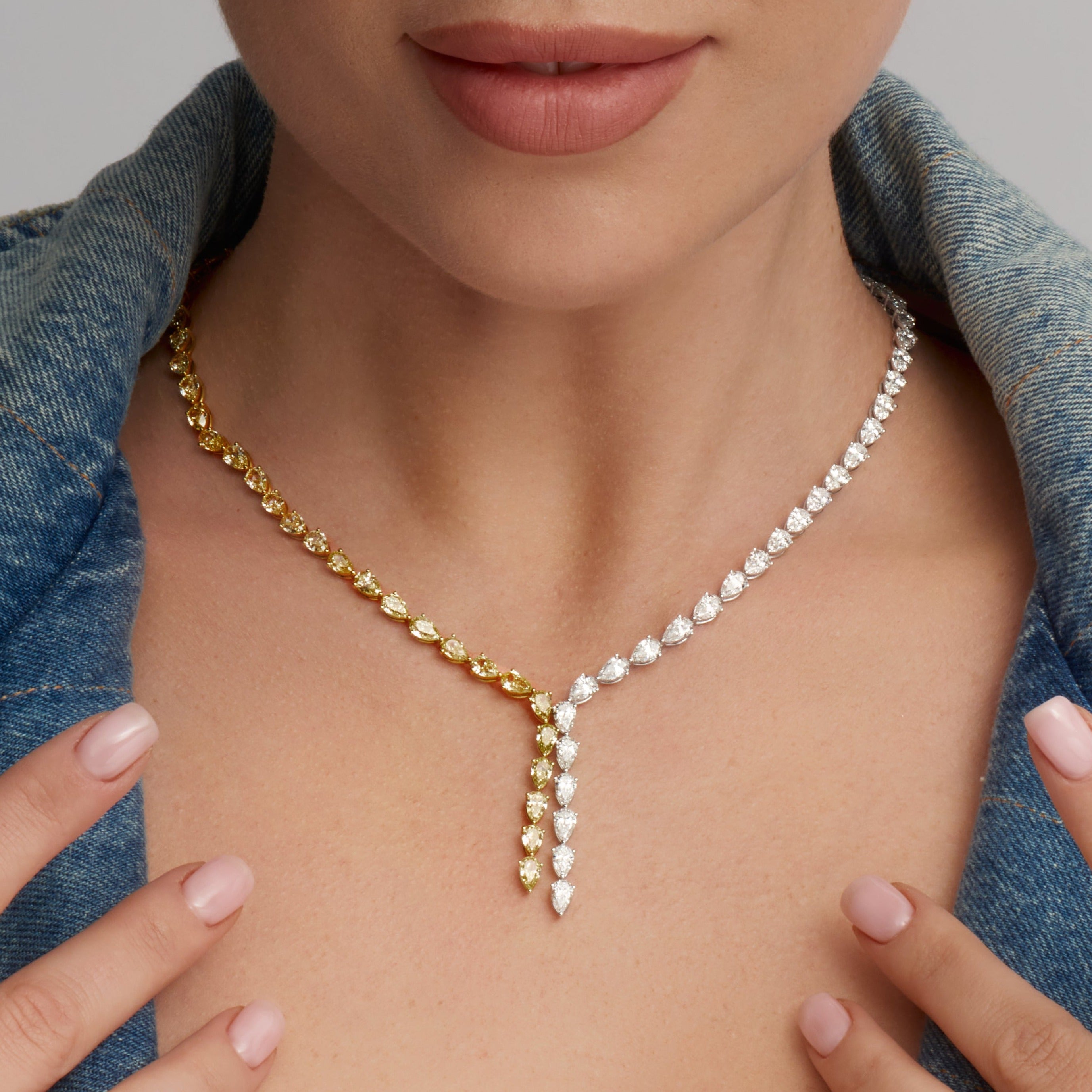 Pear Shape White and Yellow Diamond Lariat Necklace in 18 Karat White Gold and Yellow Gold