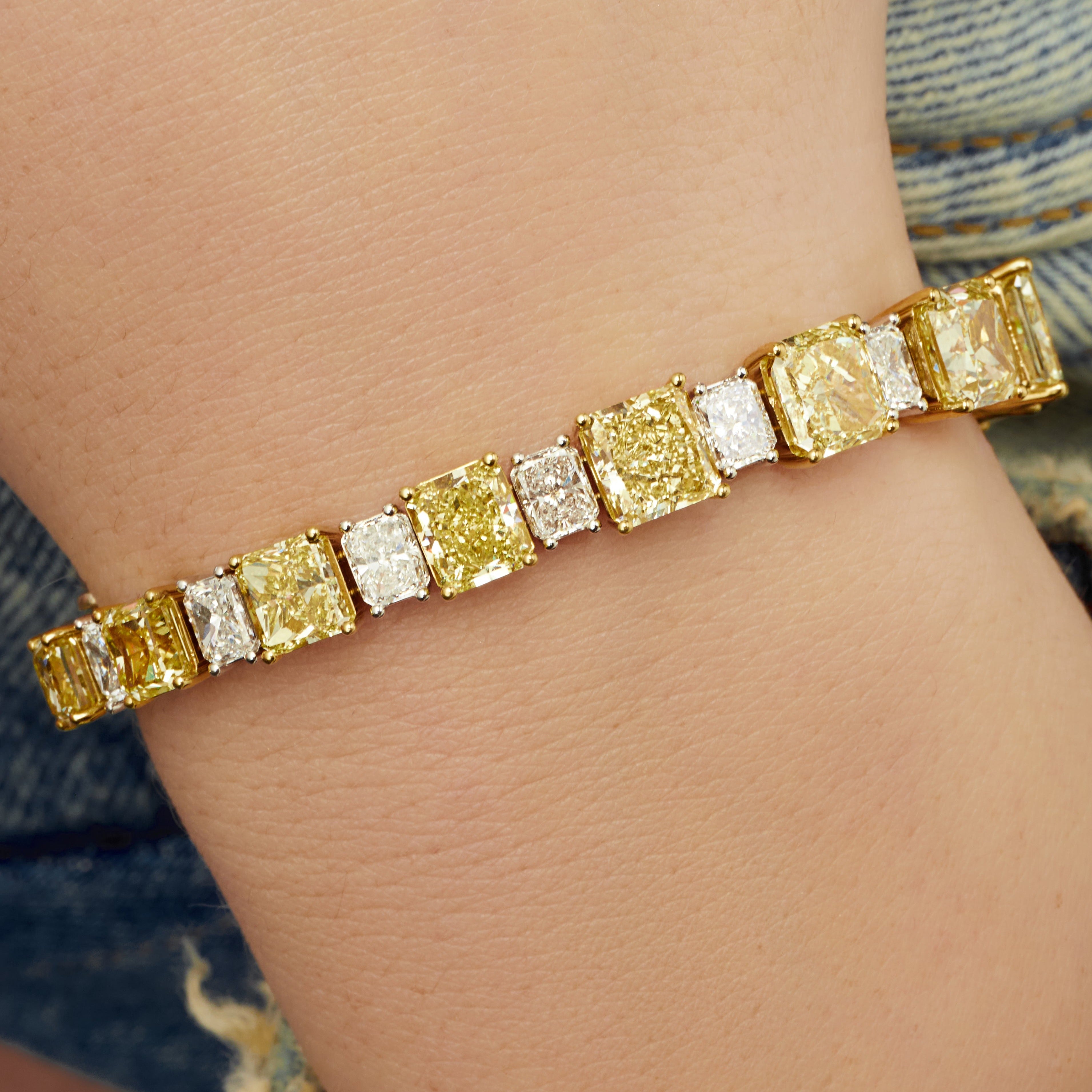 Radiant Cut Alternating Fancy Yellow and White Tennis Diamond Bracelet in 18 Karat Yellow Gold and White Gold