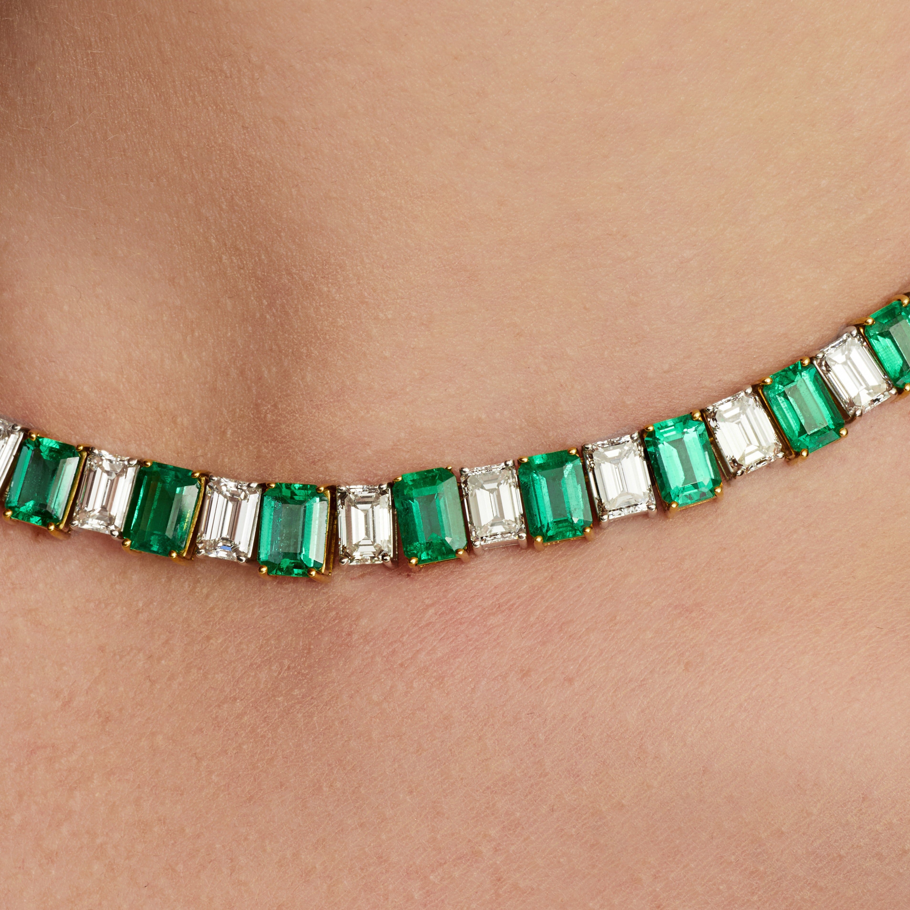 Alternating Cushion Cut Emerald and Emerald Cut Diamond Tennis Necklace in Platinum