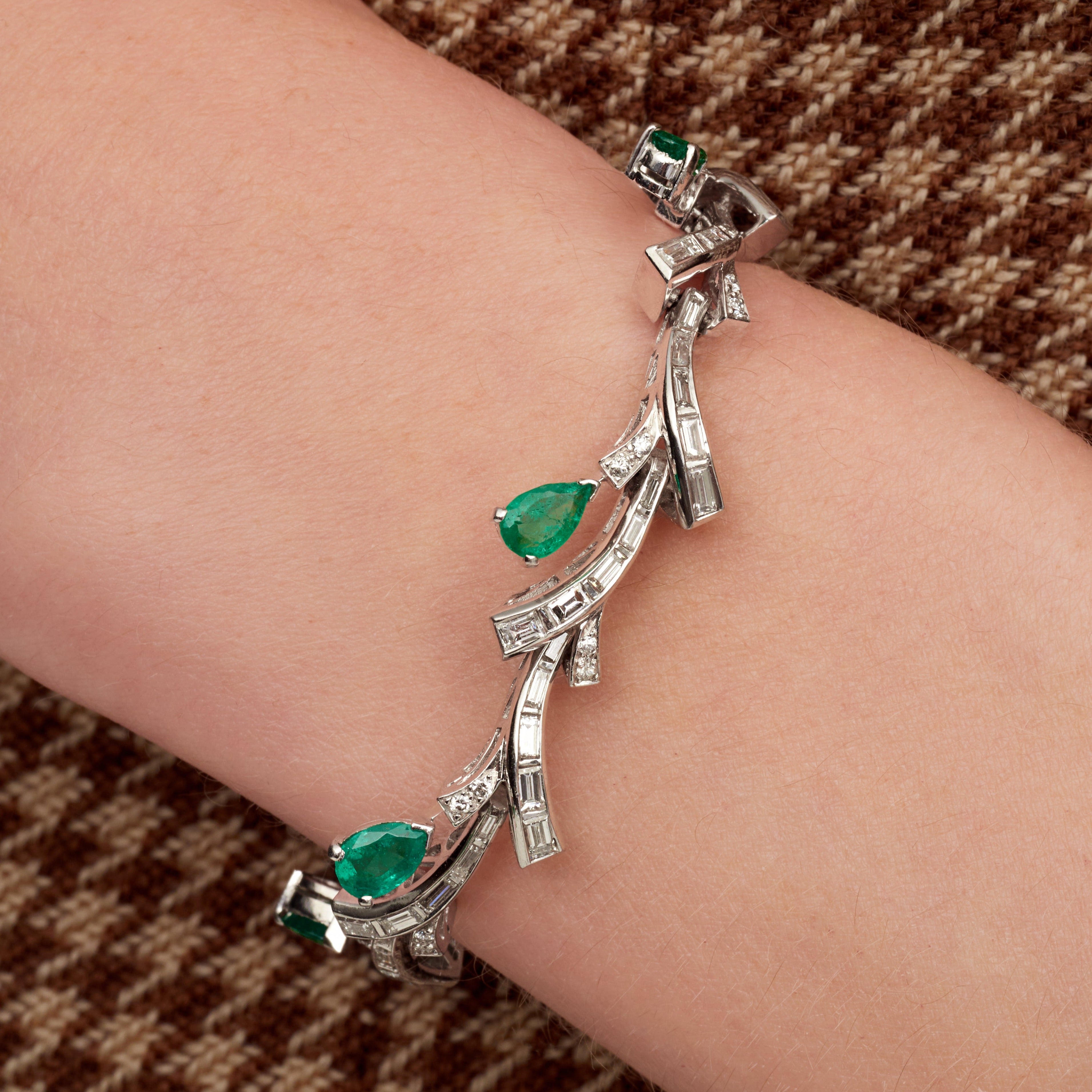 Diamond Baguette And Pear Shape Green Emerald Bracelet