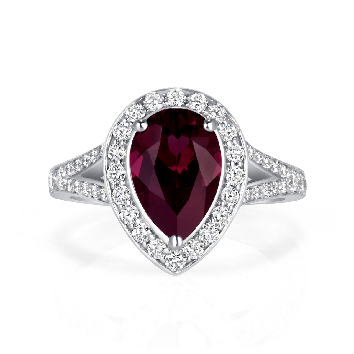 Pear-Shaped Ruby and Diamond Halo Ring in Platinum