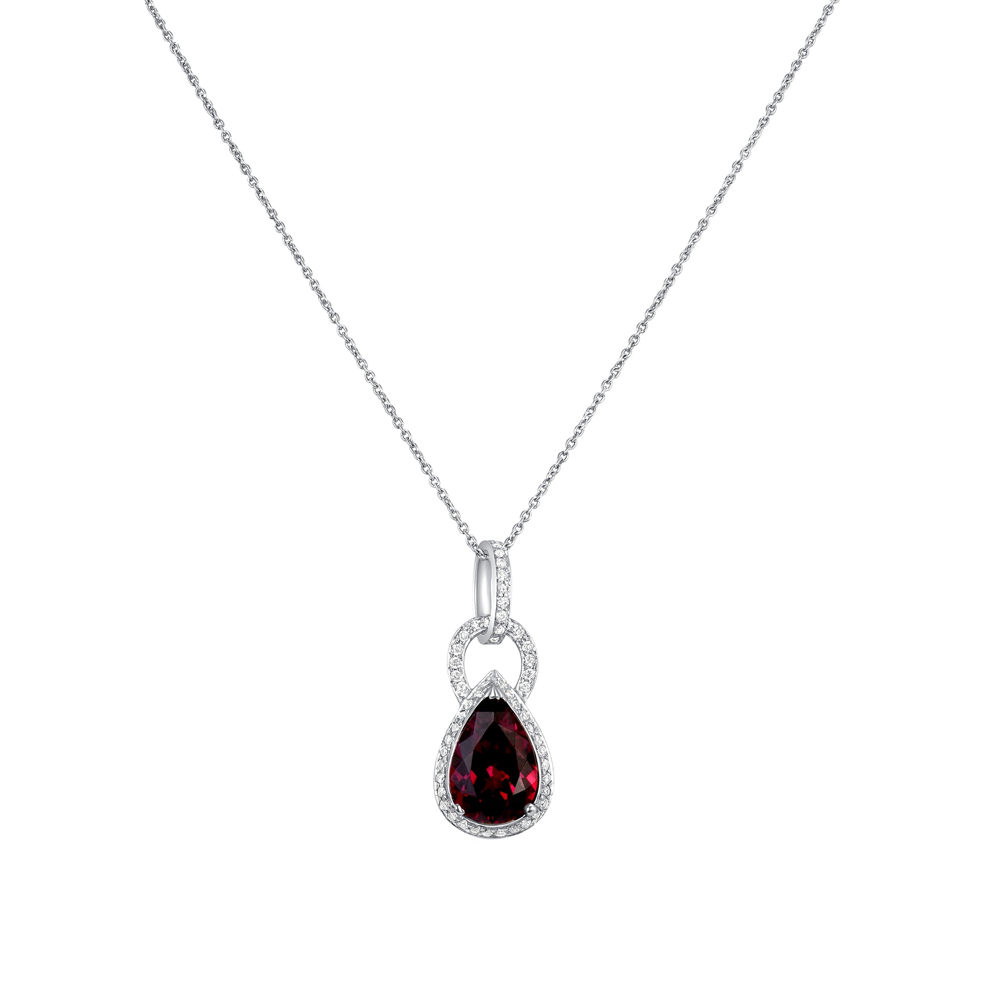 Pear-Shaped Ruby and Diamond Halo Pendant Necklace in 18K White Gold