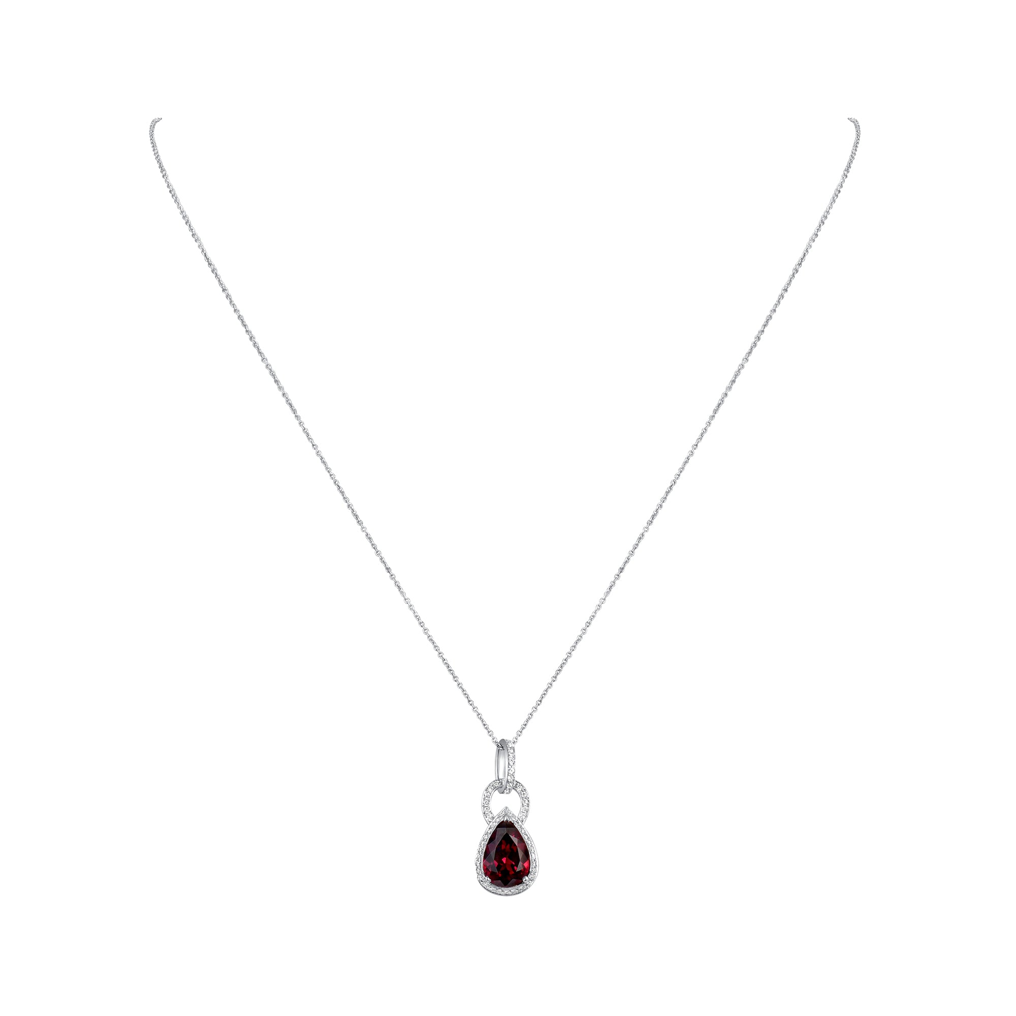 Pear-Shaped Ruby and Diamond Halo Pendant Necklace in 18K White Gold