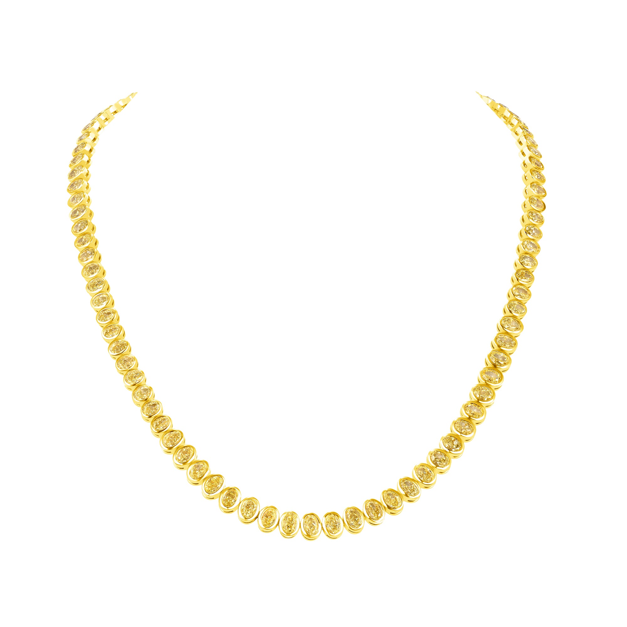 Oval Cut Bezel Set Yellow Diamond Tennis Necklace Set in 18 Karat Yellow Gold