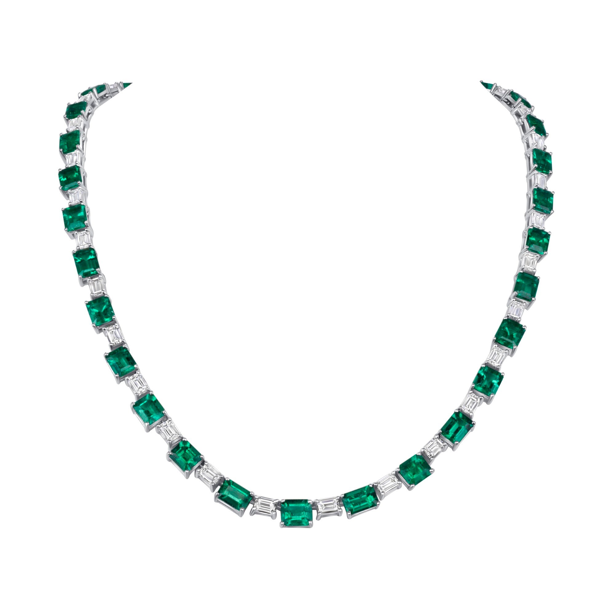 Emerald and Diamond Tennis Necklace in 18K White Gold