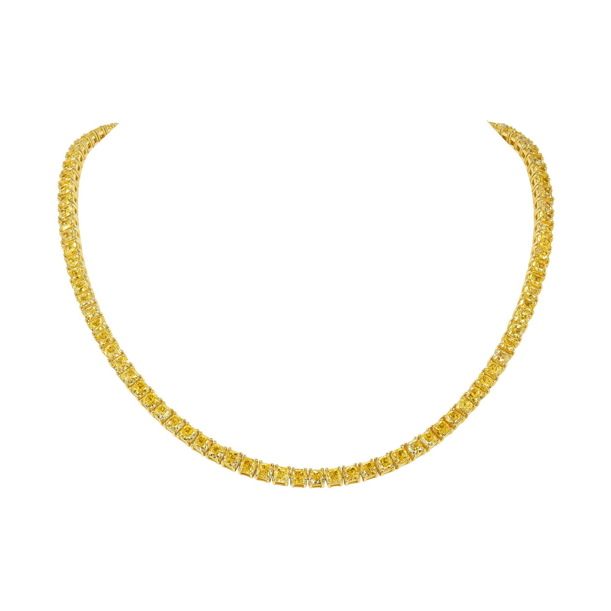 Cushion Cut Fancy Yellow Diamond Tennis Necklace in 18 Karat Yellow Gold