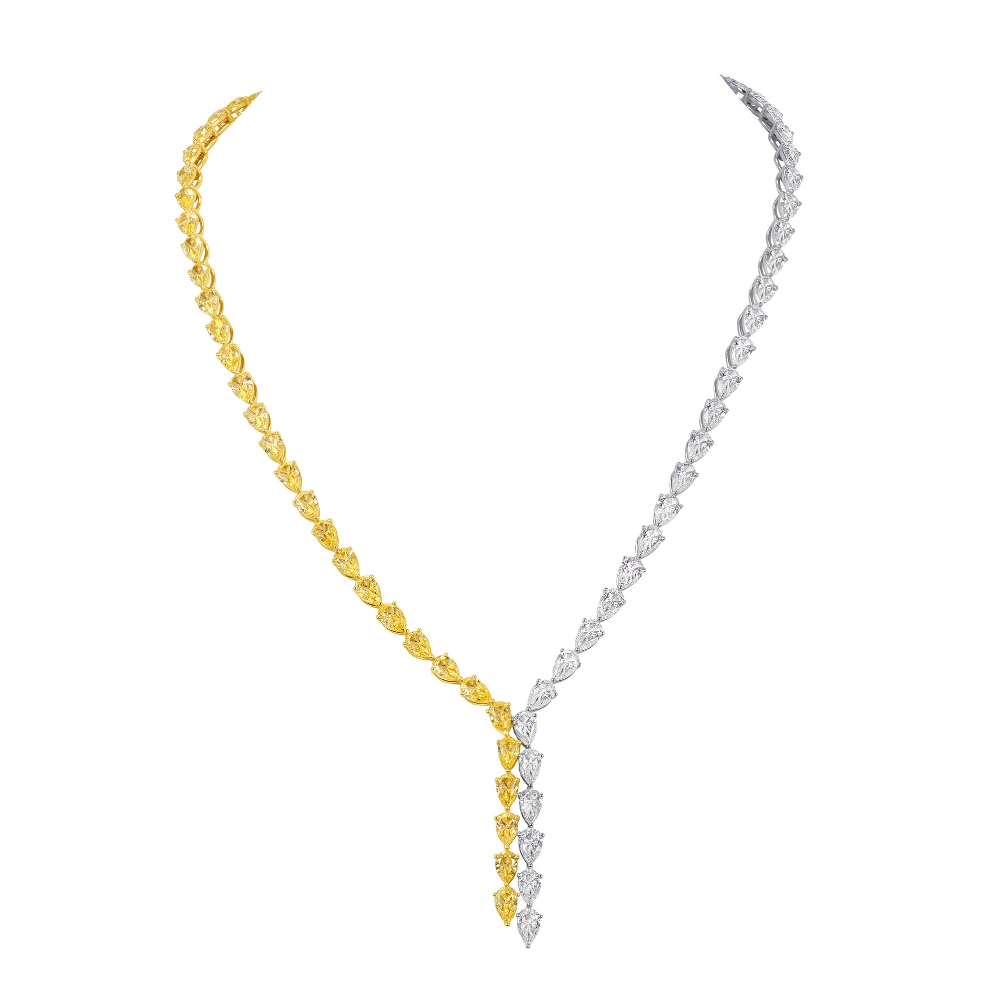 Pear Shape White and Yellow Diamond Lariat Necklace in 18 Karat White Gold and Yellow Gold