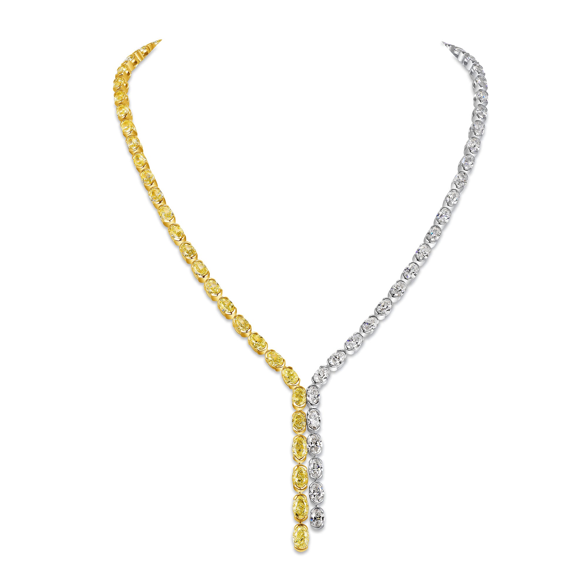 Oval Cut White and Yellow Diamond Lariat Necklace in 18 Karat White Gold and Yellow Gold