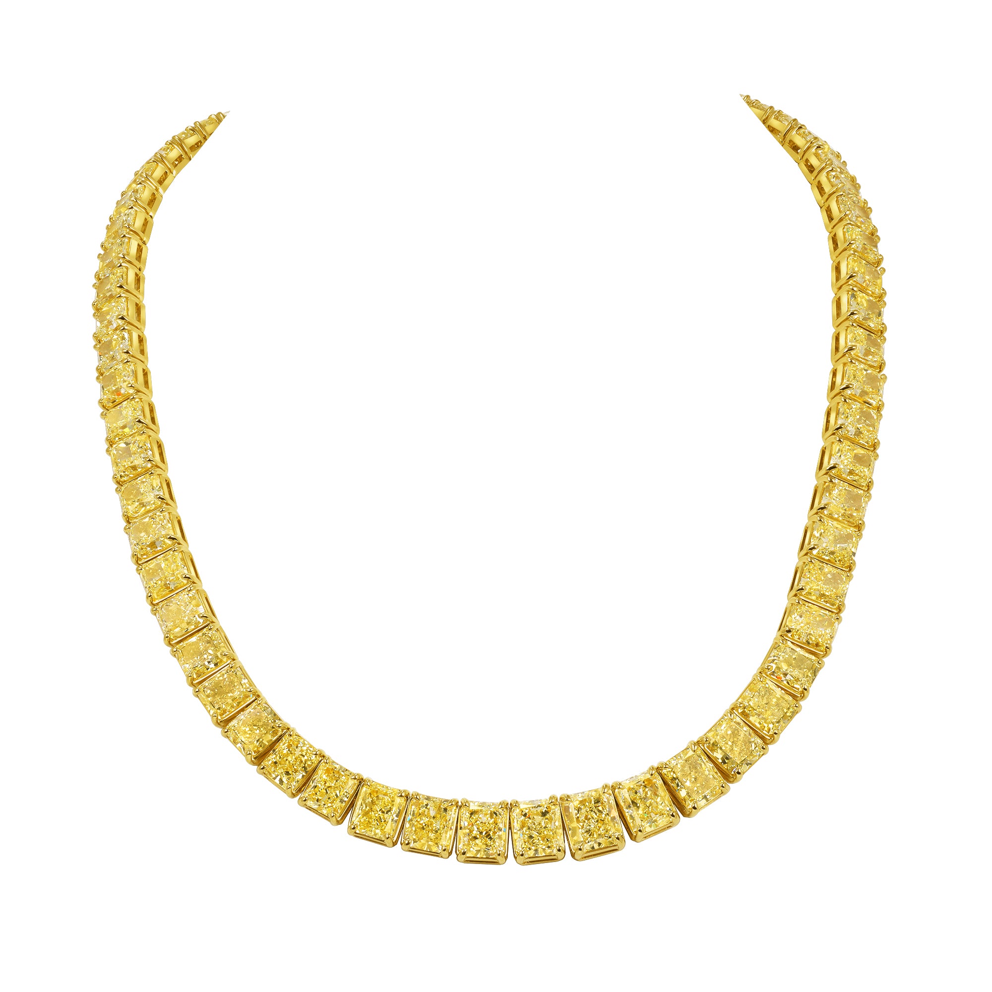 Graduated Radiant Cut Yellow Diamond Tennis Necklace in 18 Karat Yellow Gold