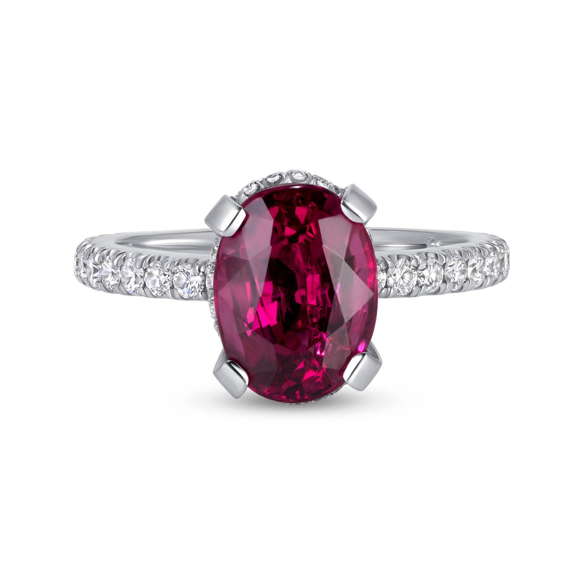 Oval Ruby and Diamond Hidden Halo Ring in Platinum