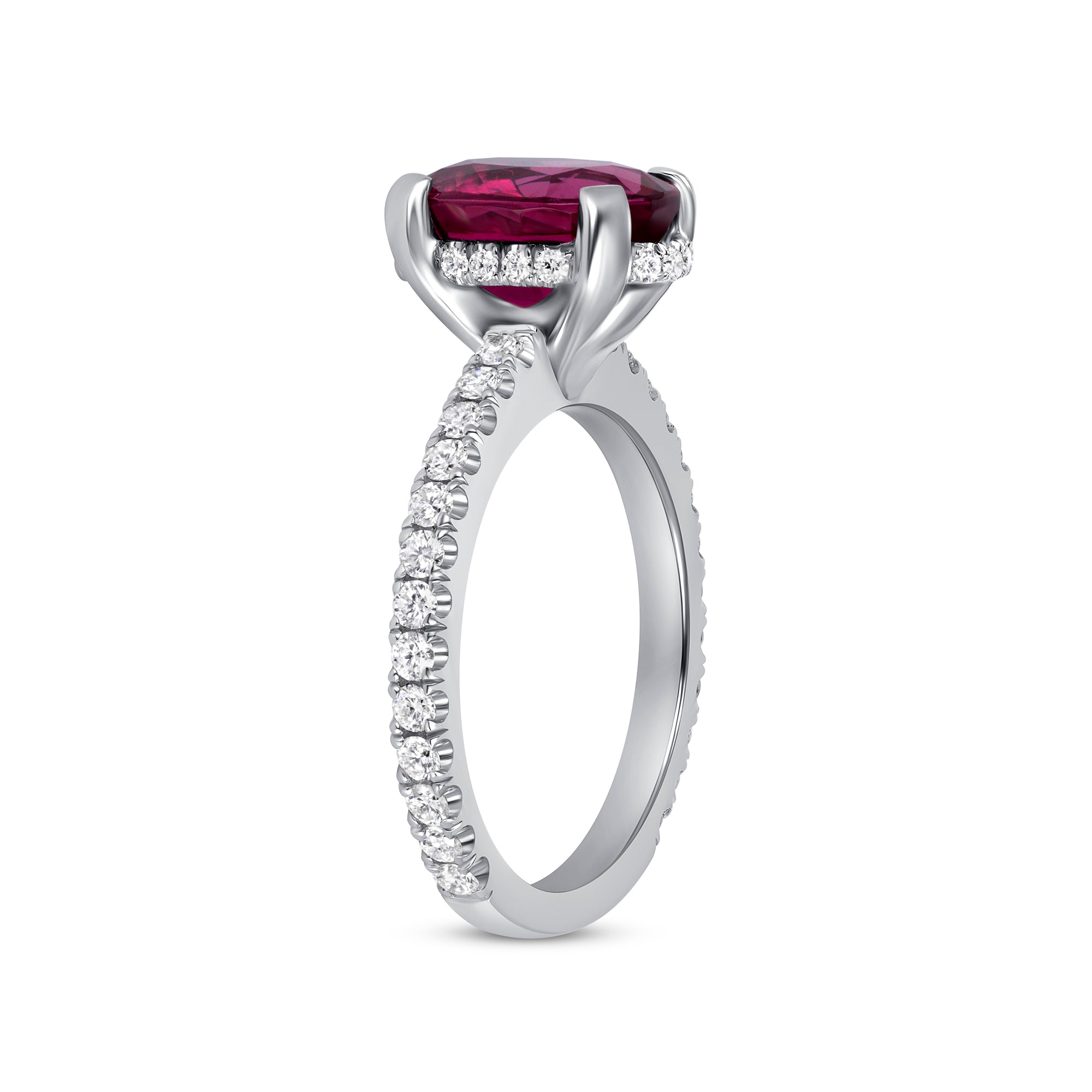 Oval Ruby and Diamond Hidden Halo Ring in Platinum