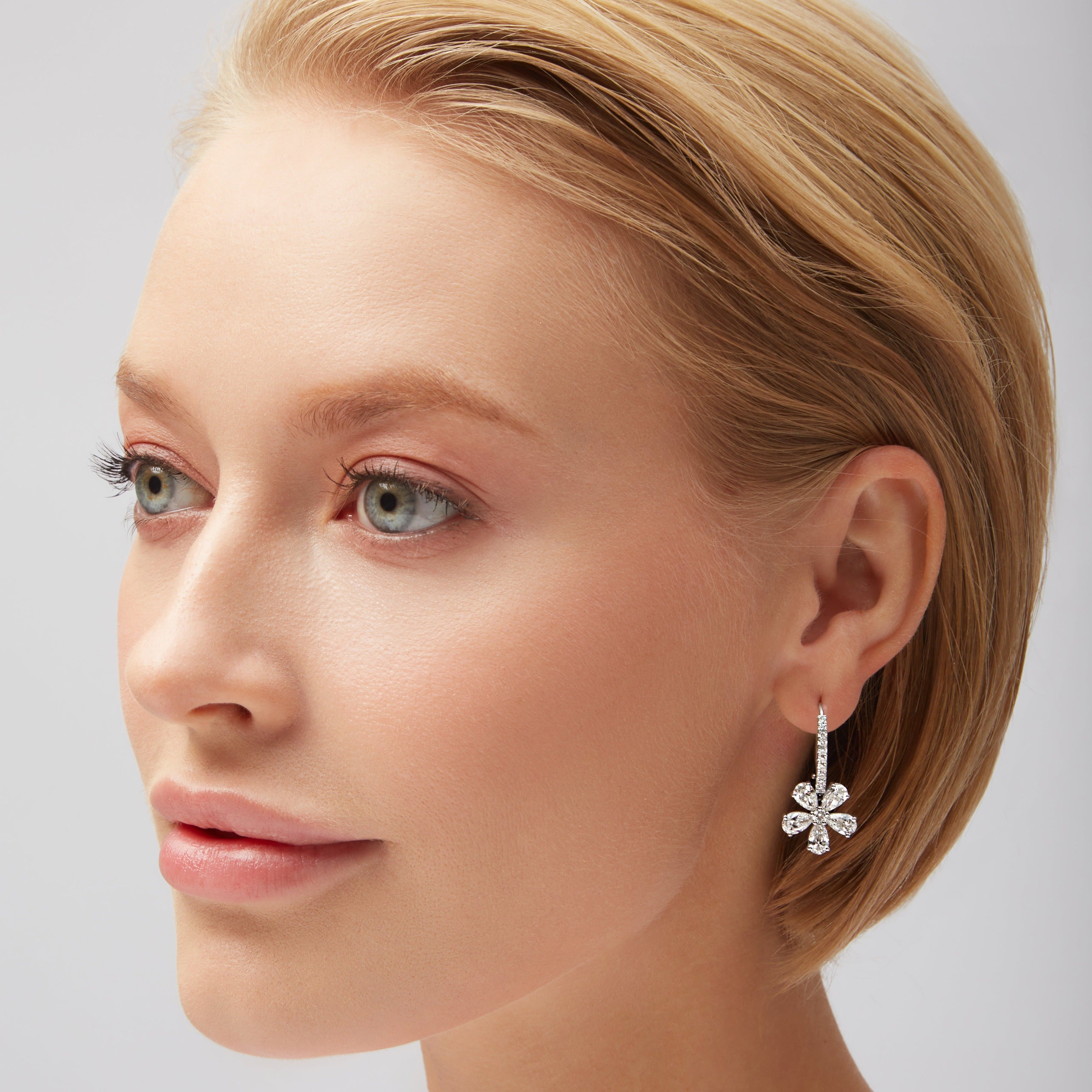5 Petal Flower Diamond Dangle Leverback Earrings in 18K White Gold
